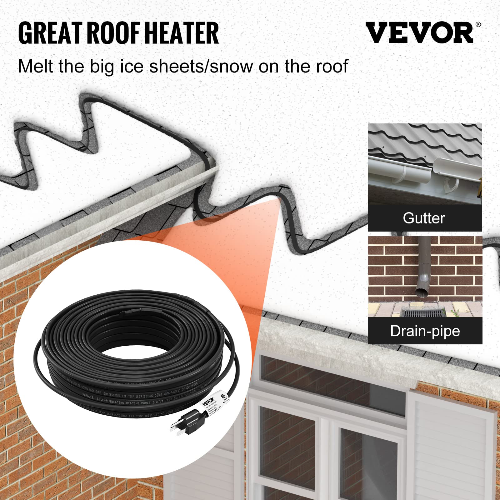 VEVOR Self-Regulating Pipe Heating Cable 120ft - 5W/ft Heat Tape for Freeze Protection - Roof Snow Melting & Gutter De-Icing - 120V Water Pipe Heater for Home, RV & Outdoor Use in Winter