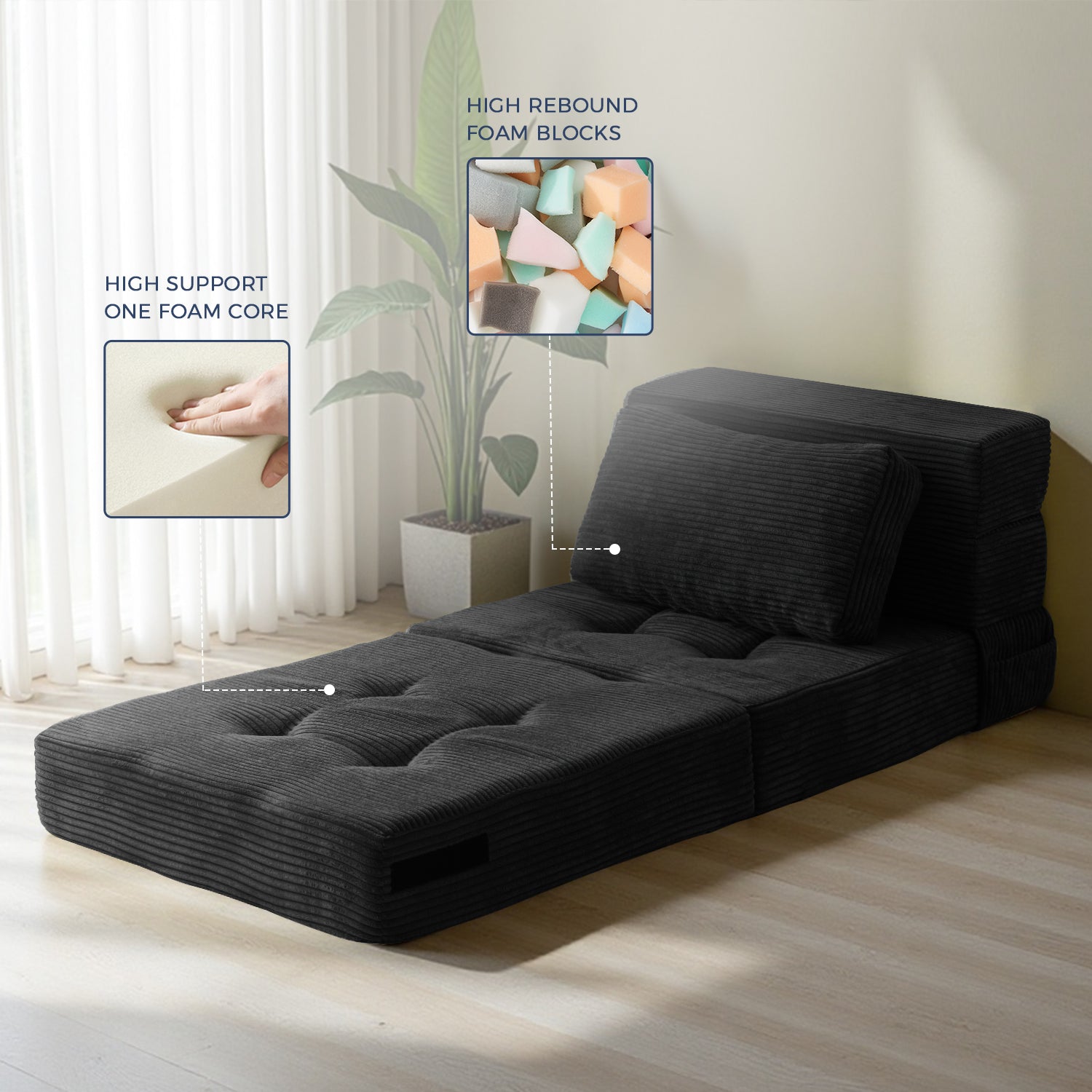 MAXYOYO 4-in-1 Convertible Sofa Bed Chair - Tufted Folding Floor Couch with Pillow, Black | Multi-Functional Furniture for Small Spaces, Guest Room, Dorm & Living Room | Perfect for Lounging, Sleeping & Extra Seating