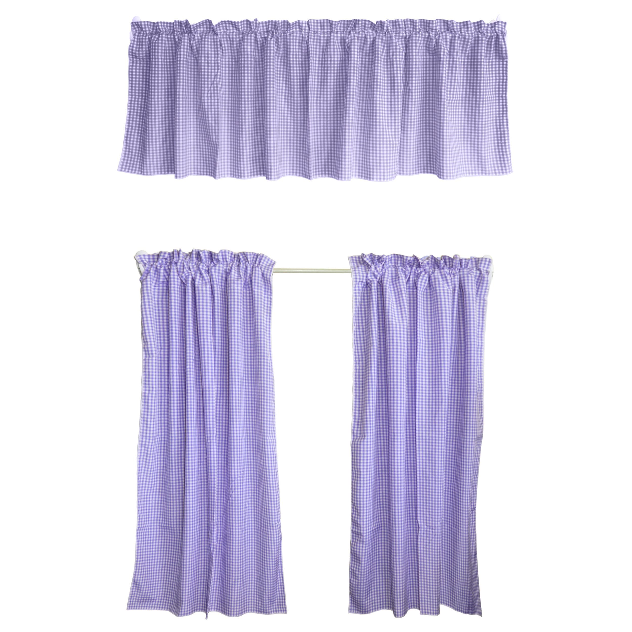 Poly Cotton 1/8 Inch Gingham Checkered Plaid Kitchen Curtain Valance Set - 3 Piece Window Treatment in Lavender | Perfect for Farmhouse, Cottage & Vintage Style Kitchens