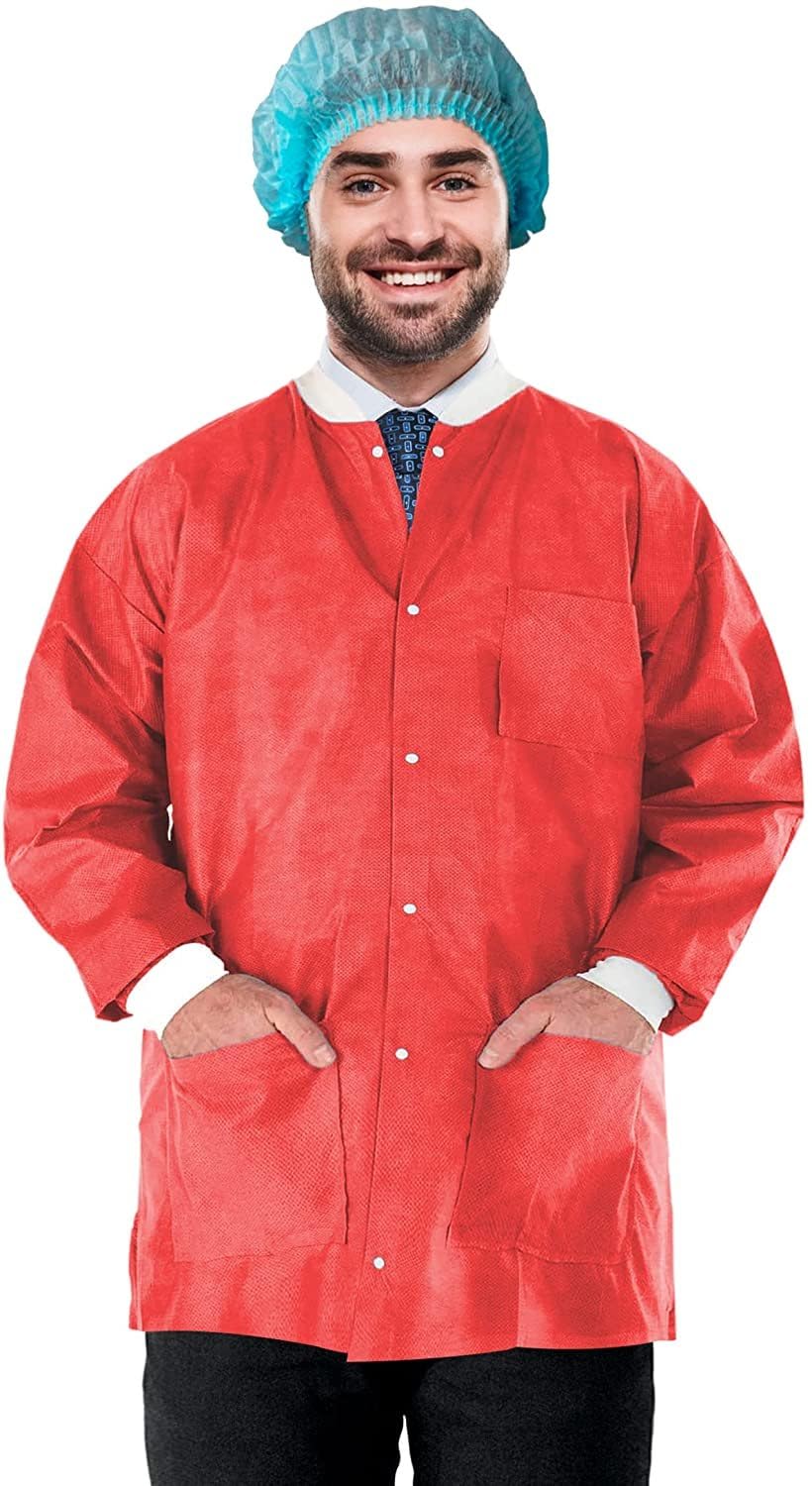 Disposable Lab Jackets - 32 Inch Long Red Workwear (Pack of 100) | X-Large Unisex PPE Coat with Snap Front, Knit Cuffs & 3 Pockets | 50 GSM SMS Material | Ideal for Medical Labs, Cleanrooms & Industrial Work Protection
