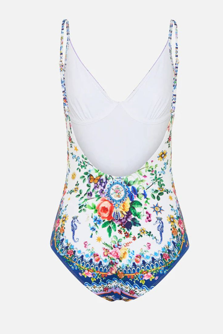 Wired V Neck One Piece Swimsuit - Floral Tile Print Women's Bathing Suit for Beach, Pool & Summer Vacations