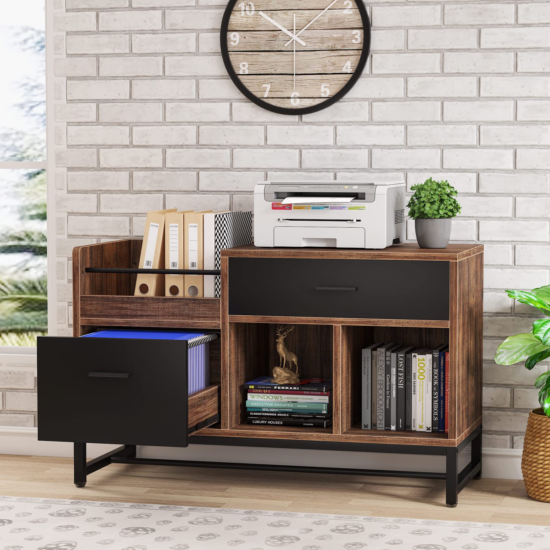 2-Drawer 39-Inch Lateral File Cabinet with Open Shelves - Compact Wooden Under Desk Storage Solution for Home Office Organization | Perfect for Printer Stand, Document Filing & Workspace Organization