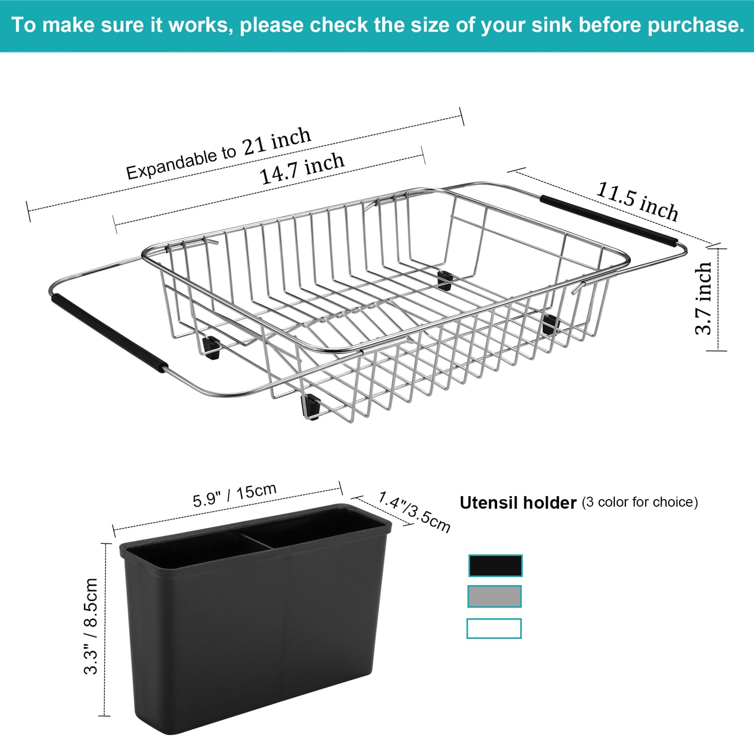 Expandable Stainless Steel Dish Drying Rack - Over The Sink or Countertop Drainer with Black Utensil Holder & Cutlery Tray | Rustproof Kitchen Organizer for Small Spaces | Perfect for Apartments, RVs & Compact Kitchens