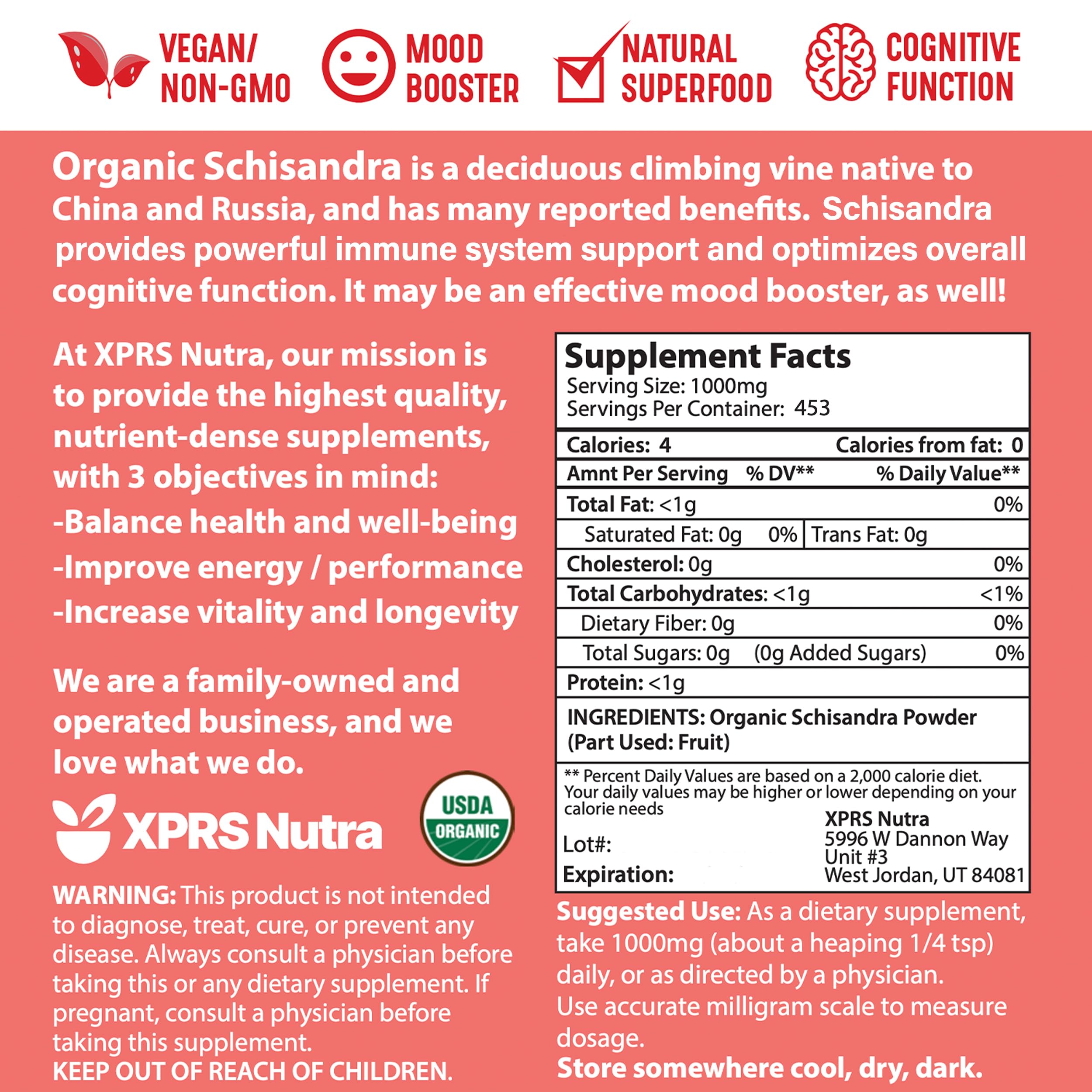 Premium USDA Organic Schisandra Berry Powder Extract - 16 oz | Vegan Superfood for Brain Cognition & Immune Support | Antioxidant-Rich Adaptogen for Smoothies, Teas & Wellness Drinks