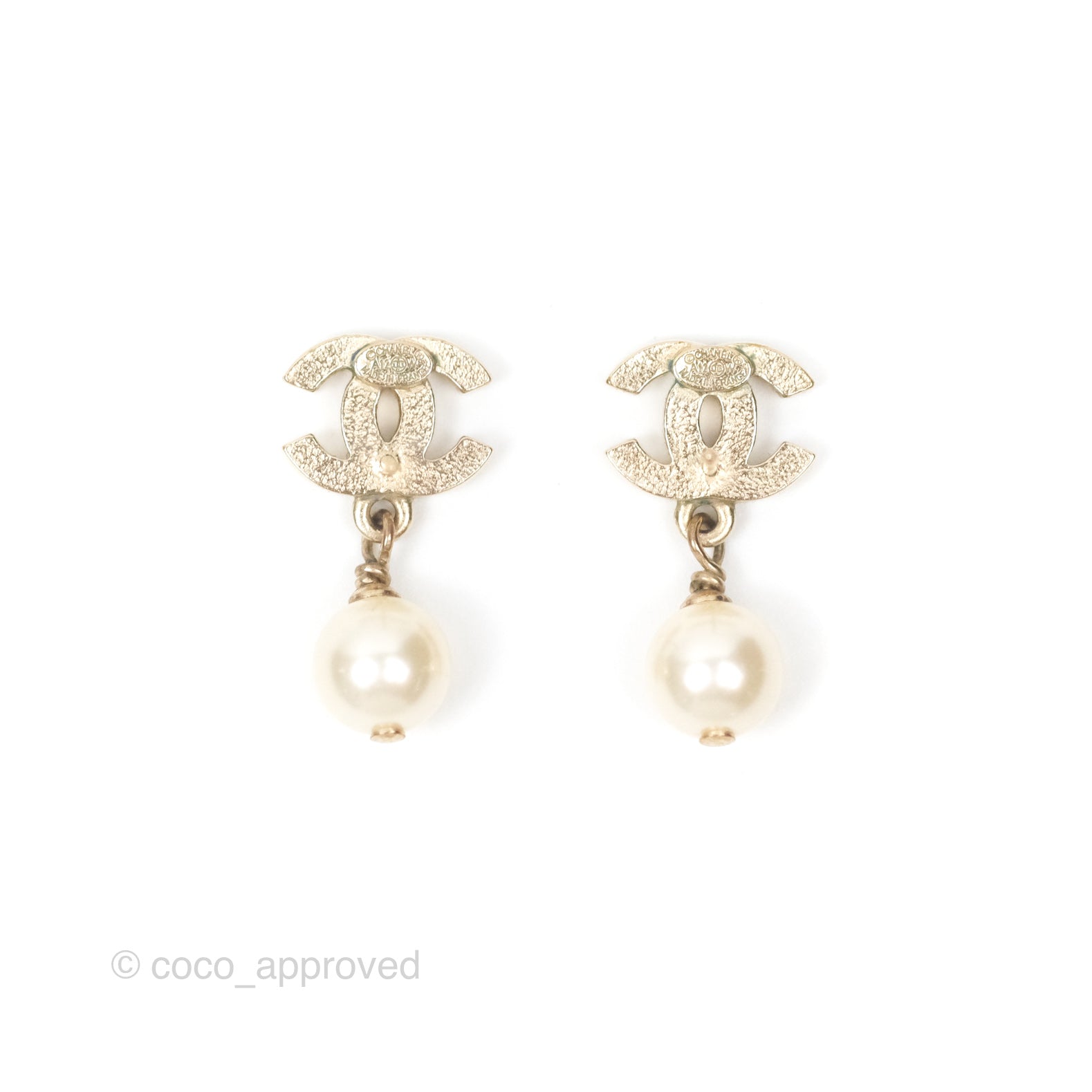 Chanel CC Pearl Drop Earrings - Gold Tone 12W Elegant Fashion Jewelry for Women | Perfect for Parties, Weddings & Special Occasions