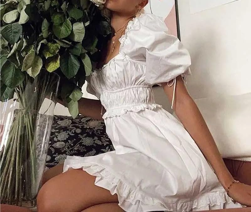 Sexy White Puff Sleeve Mini Dress with Ruffle Trim & Square Neckline - Elastic Bust Summer Party Dress for Women | Perfect for Cocktail Parties, Date Nights & Special Occasions