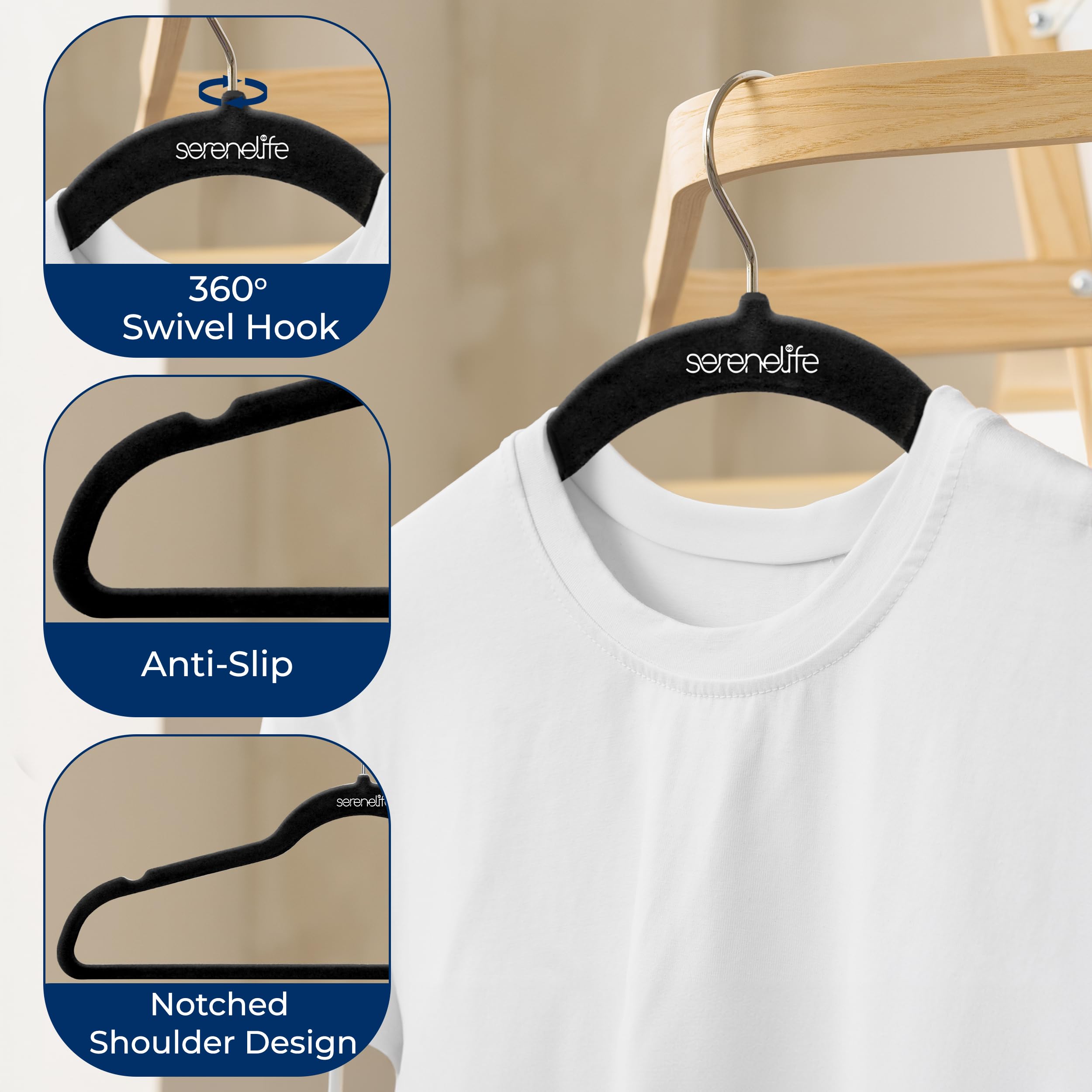 SereneLife 200 Pack Velvet Hangers - Non-Slip Felt Clothes Hangers with 360° Swivel Hook, Space-Saving Ultra-Thin Design for Shirts, Sweaters, Hoodies & Dresses - Perfect for Closet Organization, Retail Stores & Kids Wardrobe