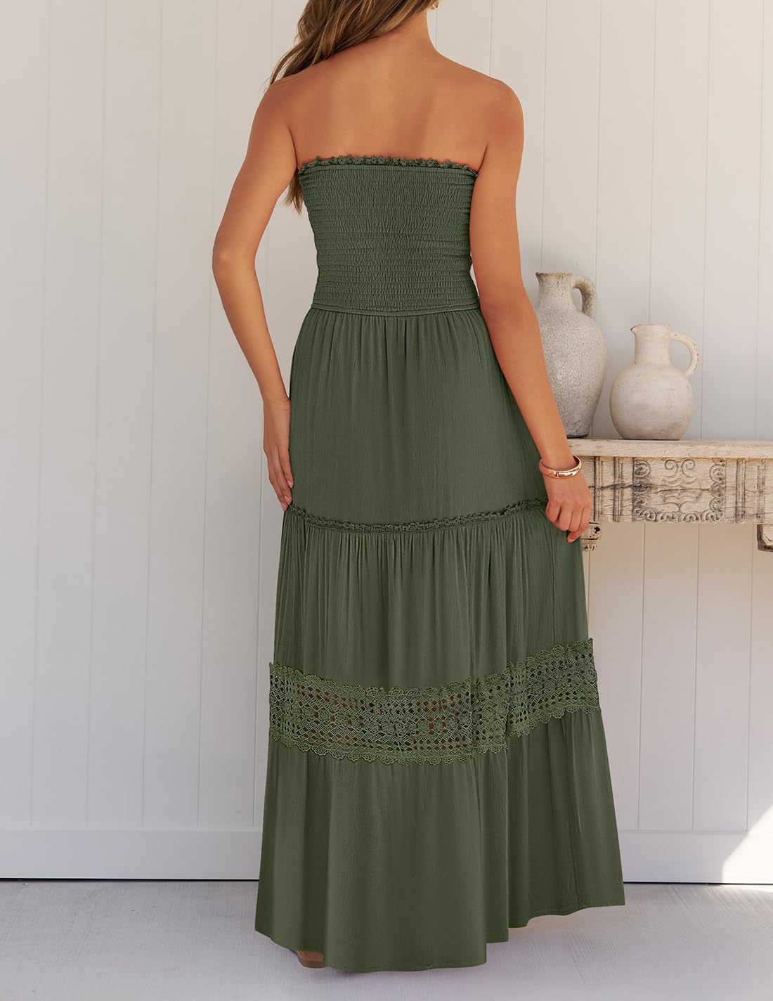 ZESICA Women's 2025 Summer Bohemian Strapless Off Shoulder Lace Trim Backless Flowy A-Line Long Maxi Dress for Beach Vacation, Wedding Guest, and Outdoor Party