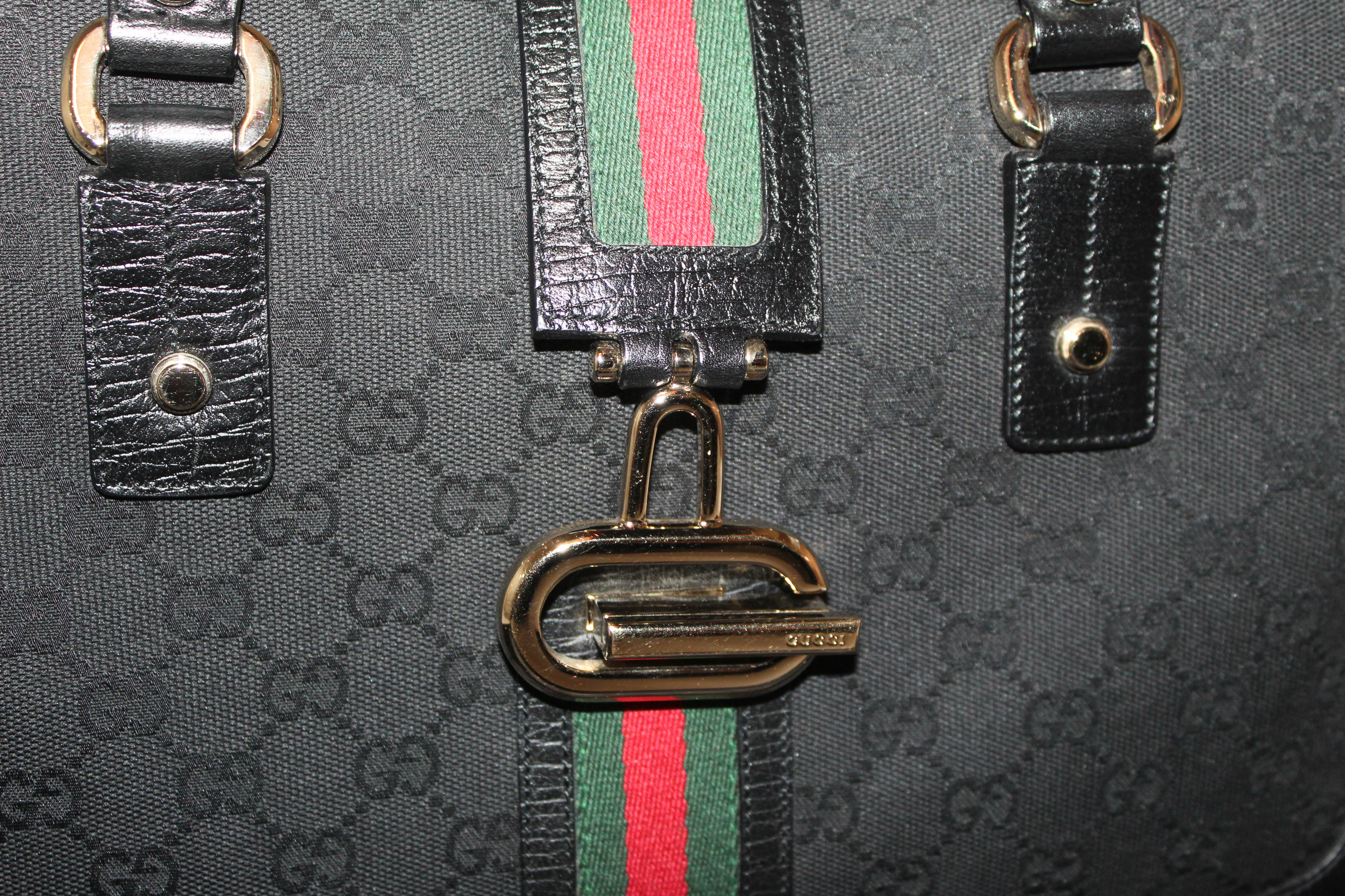 Authentic Gucci Black Signature Canvas Tote Bag with Green/Red Web - Luxury Designer Handbag for Women, Perfect for Work, Travel & Everyday Use