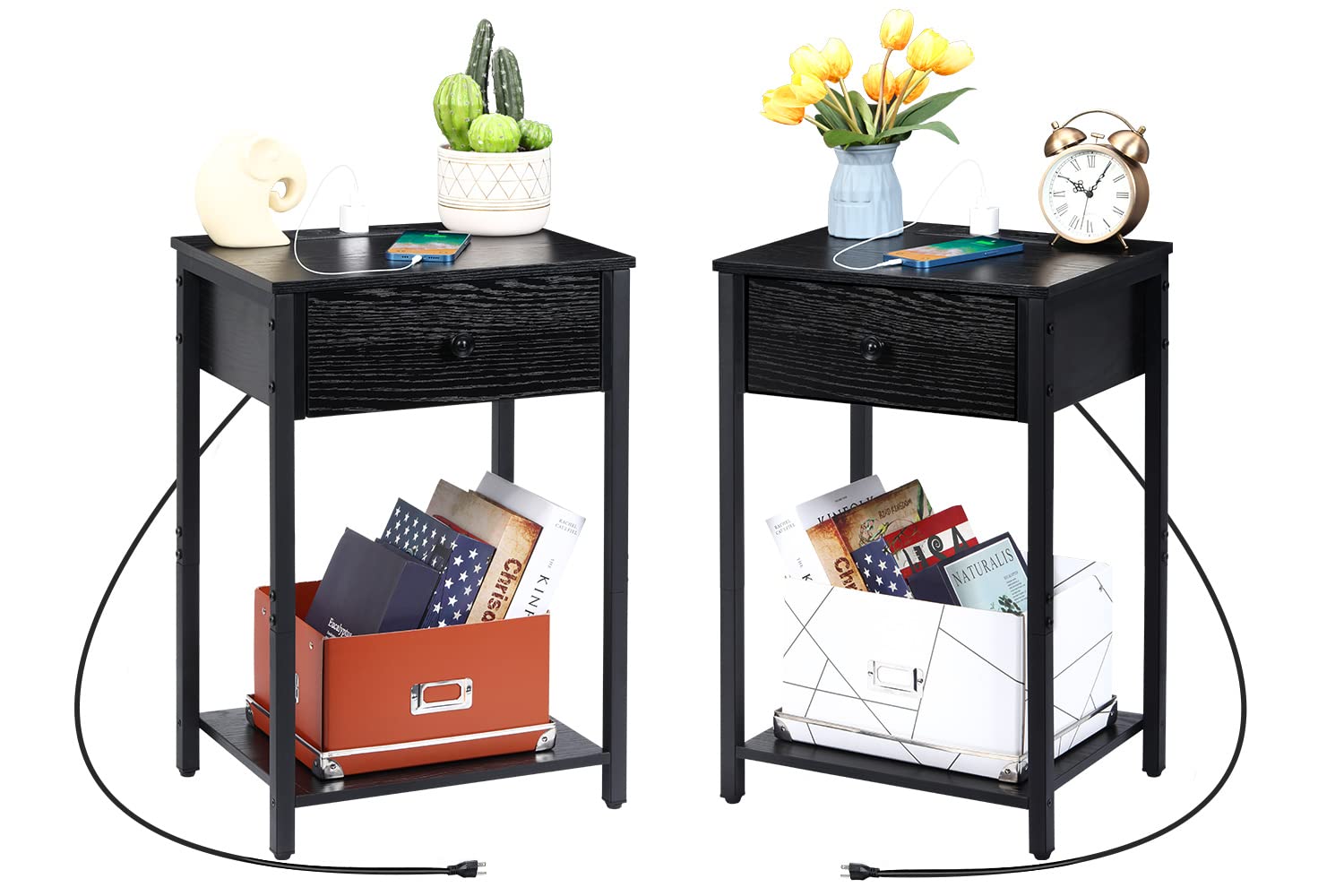 2-Pack Nightstand with USB Charging Station, Drawer & Storage Shelf - Compact 2-Tier Bedside Table for Small Spaces, Bedroom & Living Room - Perfect for Phones, Lamps & Books - Black