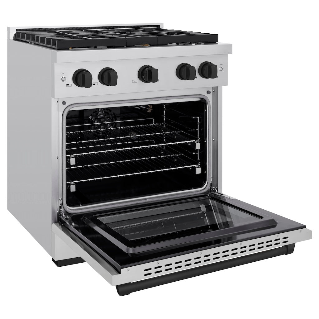 ZLINE Autograph Edition 30-inch 4.2 cu. ft. Stainless Steel Gas Range with 4 Burner Cooktop & Convection Oven - Matte Black Accents (SGRZ 30 MB) - Perfect for Modern Kitchens & Professional Cooking