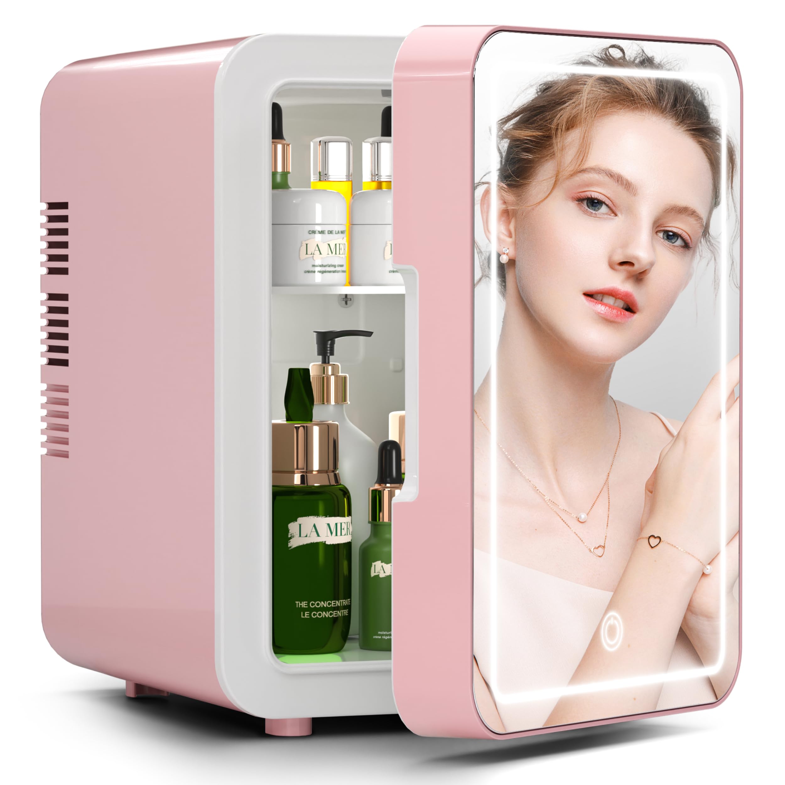 BOGDA 4L Mini Skincare Fridge with LED Light Mirror - Portable Cosmetic Cooler & Warmer for Makeup, Skincare, Food - Perfect for Bedroom, Office, Car (Pink) | Keep Beauty Products Fresh & Drinks Chilled Anywhere