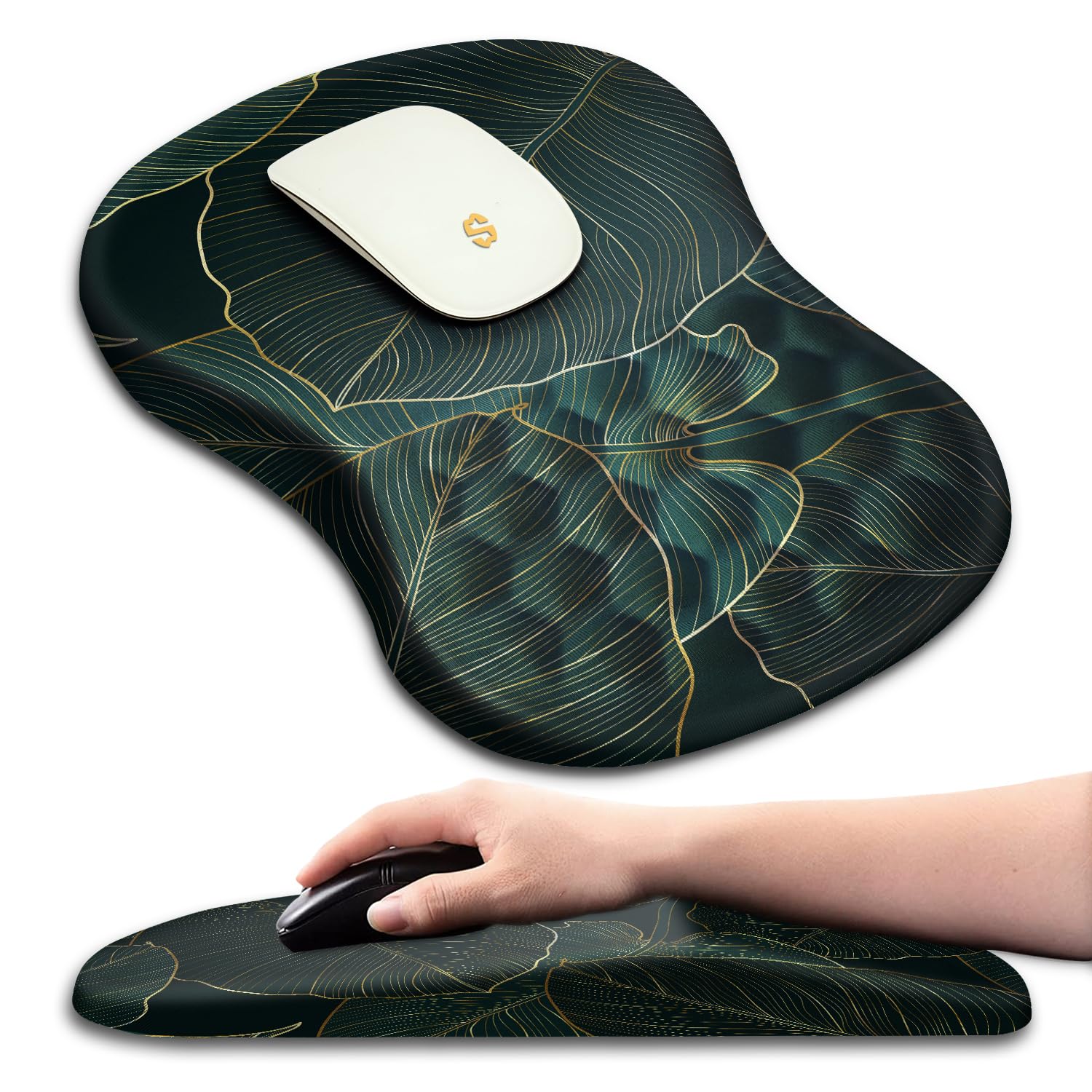 Ergonomic Mouse Pad with Memory Foam Wrist Rest - Pain Relief for Carpal Tunnel, Non-Slip Desk Pad for Wireless Mouse (Green Leaves Design) - Perfect for Office, Gaming & Long Computer Work Sessions
