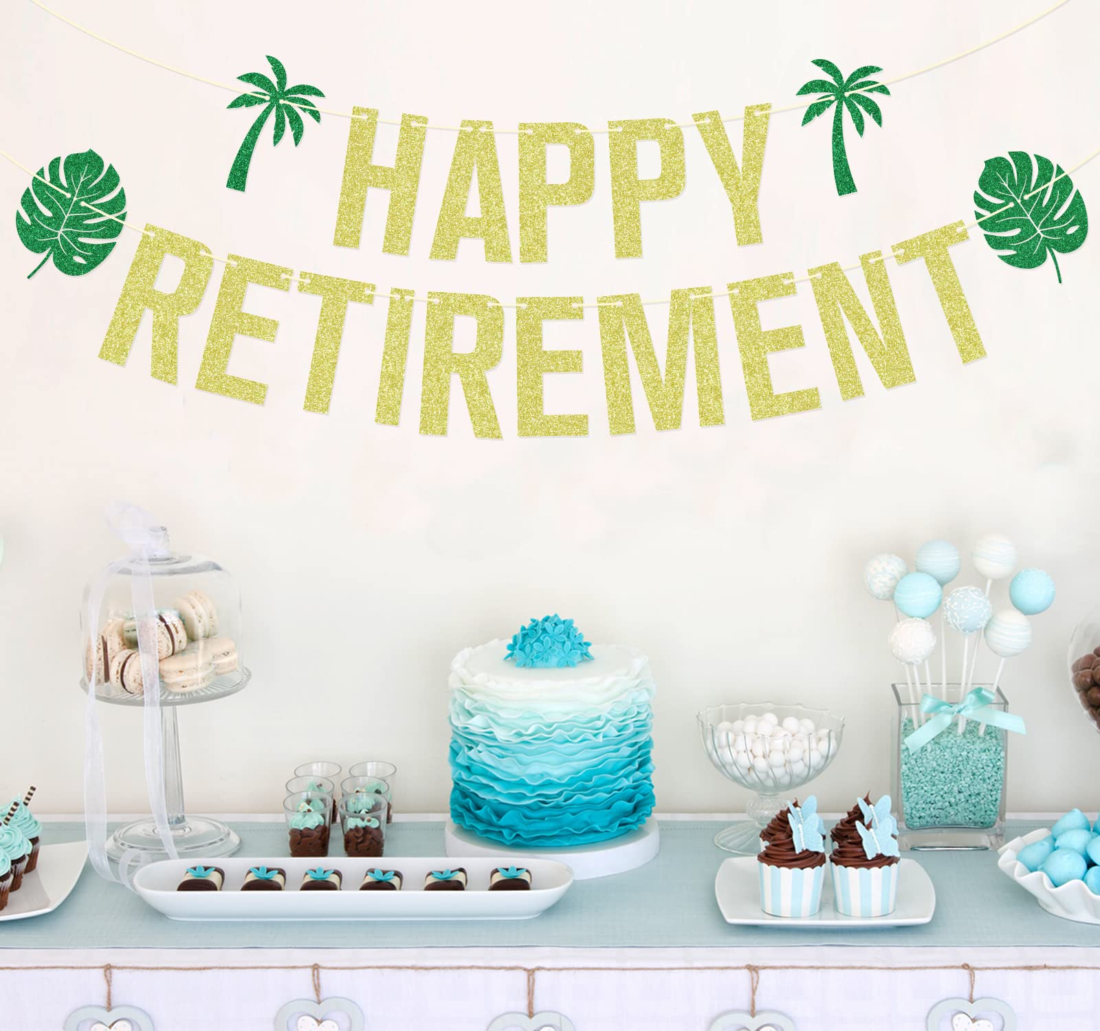 Gold Glitter Happy Retirement Banner - Tropical Palm Leaves Party Decorations for Retirement Cake, Farewell & Celebration | Perfect for Office Goodbye Parties, Beach-Themed Retirements & Milestone Decor