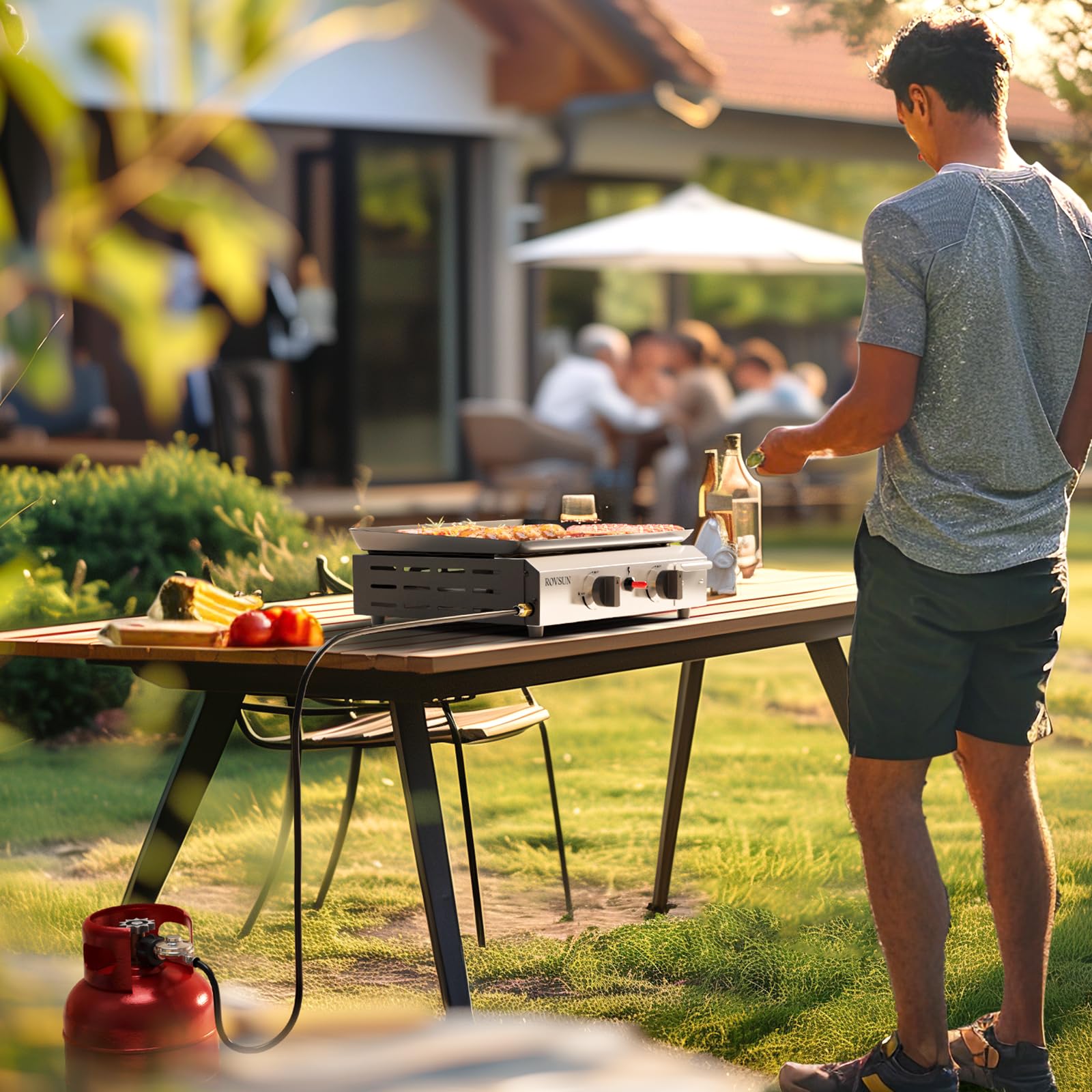 ROVSUN 2 Burner Portable Propane Griddle - 20,000 BTU Nonstick Enameled Flat Top Gas Grill with Electronic Ignition & Regulator for Outdoor Cooking, Camping, BBQ, Tailgating, Picnics - Perfect for Backyard Parties and RV Trips
