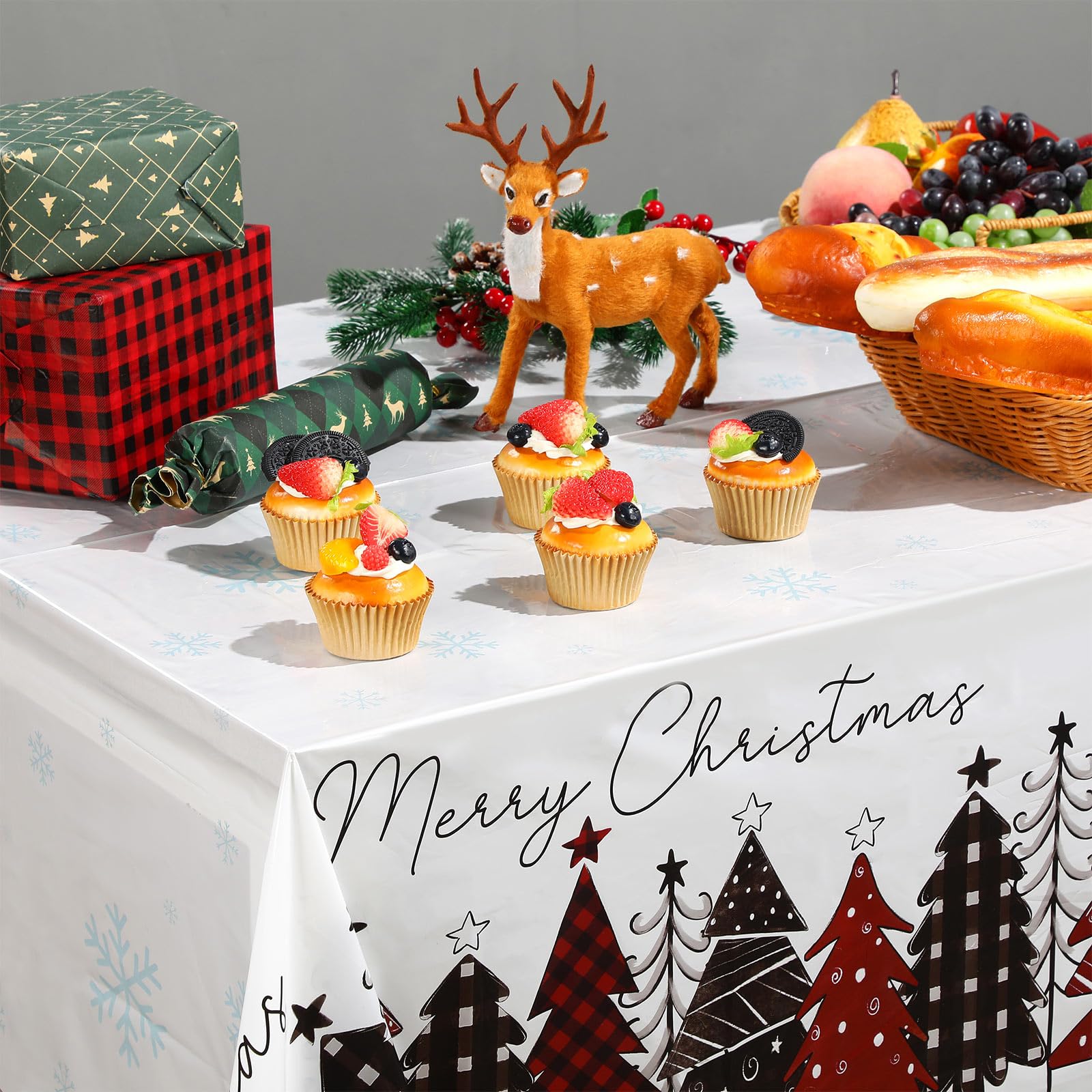 3 Pack Disposable Christmas Tablecloth - Buffalo Plaid Snowflake Plastic Table Cover for Holiday Party, Picnic, Dinner Decor (54x108 Inch) - Perfect for Christmas Tree Skirt, Festive Dining & Seasonal Gatherings