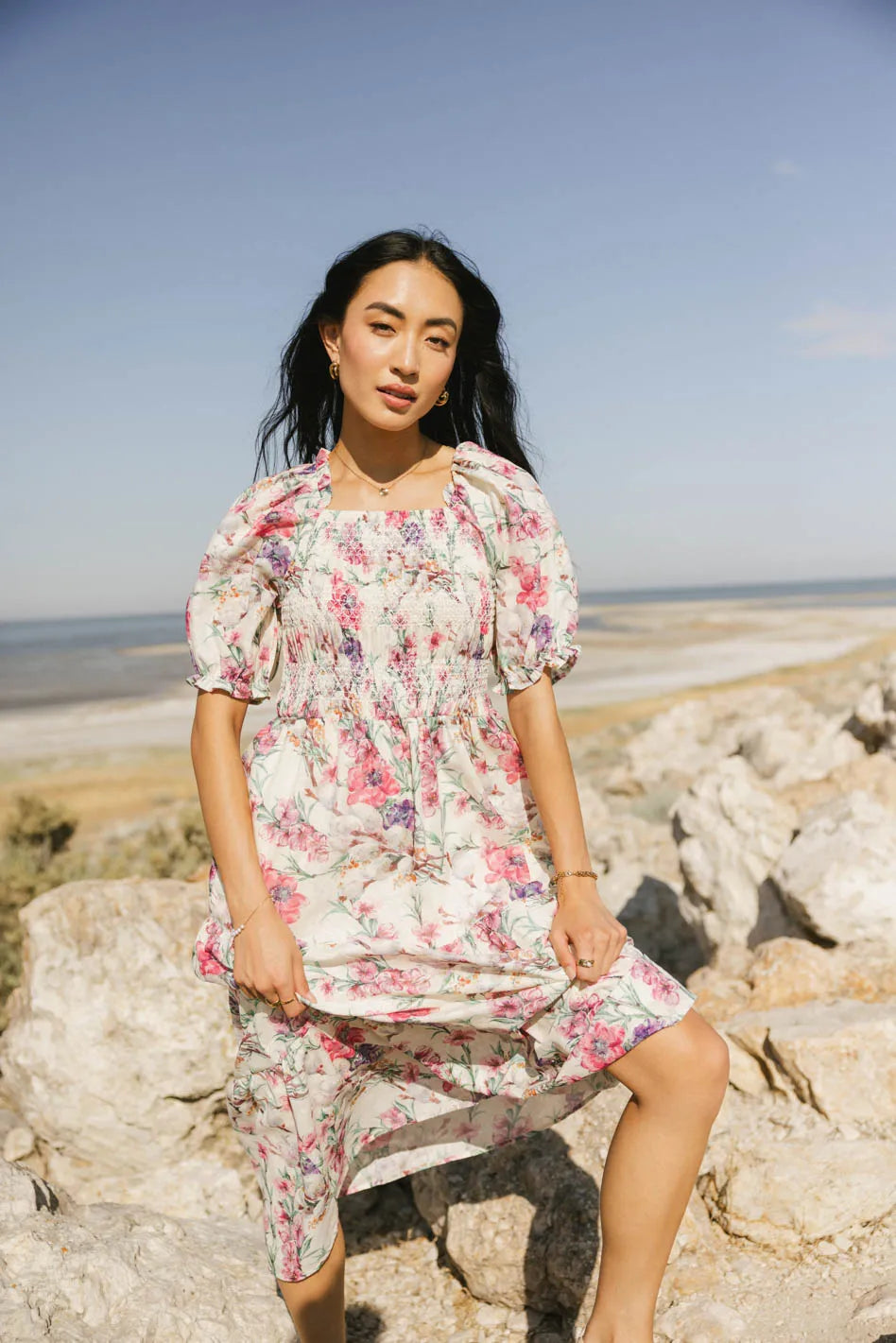 Luciana Floral Smocked Midi Dress for Women - Summer Boho Chic Style, Perfect for Beach Vacations, Garden Parties & Date Nights | Final Sale