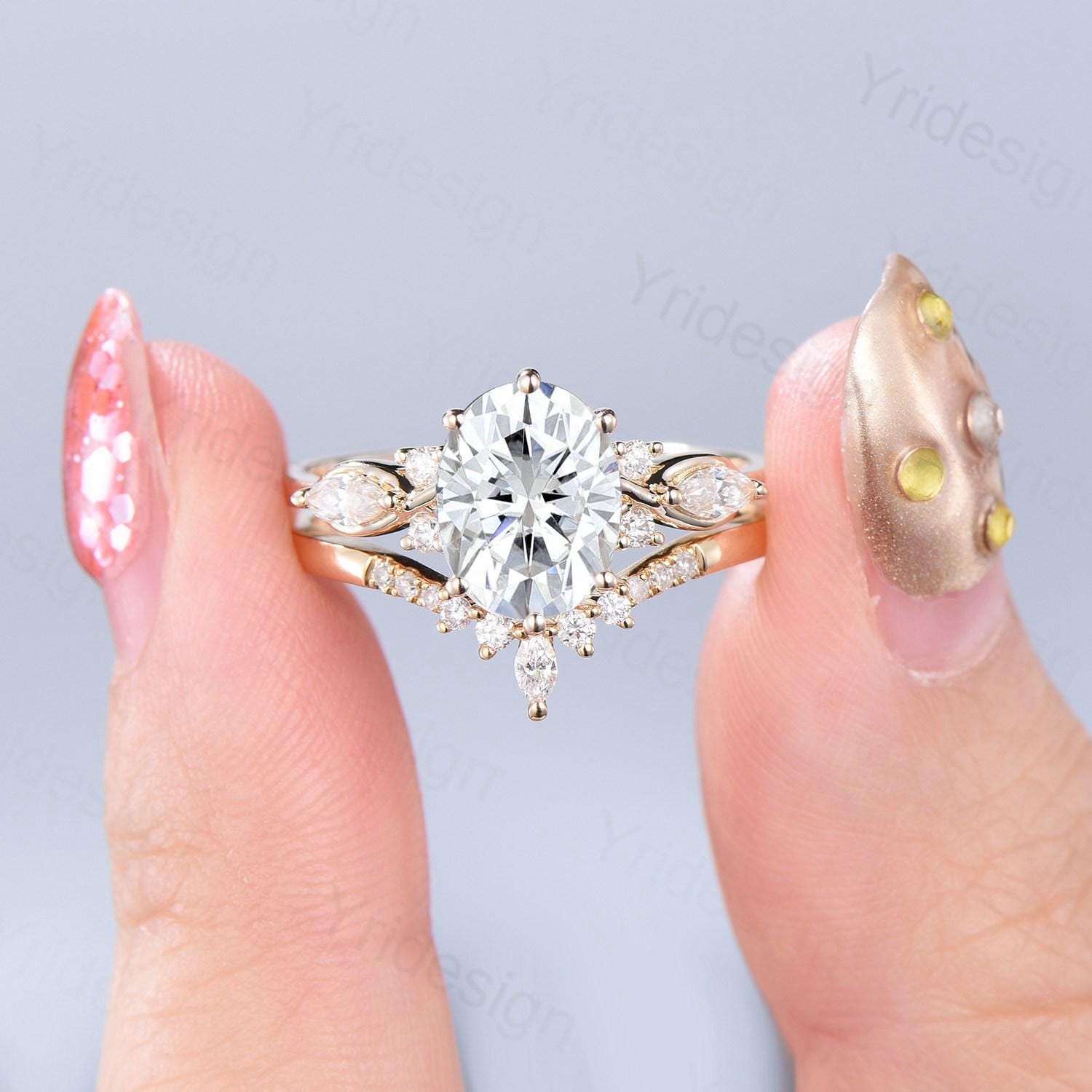 2 Carat Oval Cut Moissanite Engagement Ring Set in 14K Solid Yellow Gold, VS D Flawless Vintage Seven Stone Bridal Ring for Women - Perfect for Proposals, Weddings & Anniversary Gifts