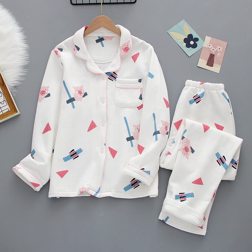 Viinice Women's Cute Cartoon Cotton Pajama Set - Long Sleeve Winter Sleepwear with Pants, Lace Trim Nightdress for Home, Lounge & Sleep (White, XL) | Perfect for Cozy Nights, Christmas Gifts & Family Matching Pajamas