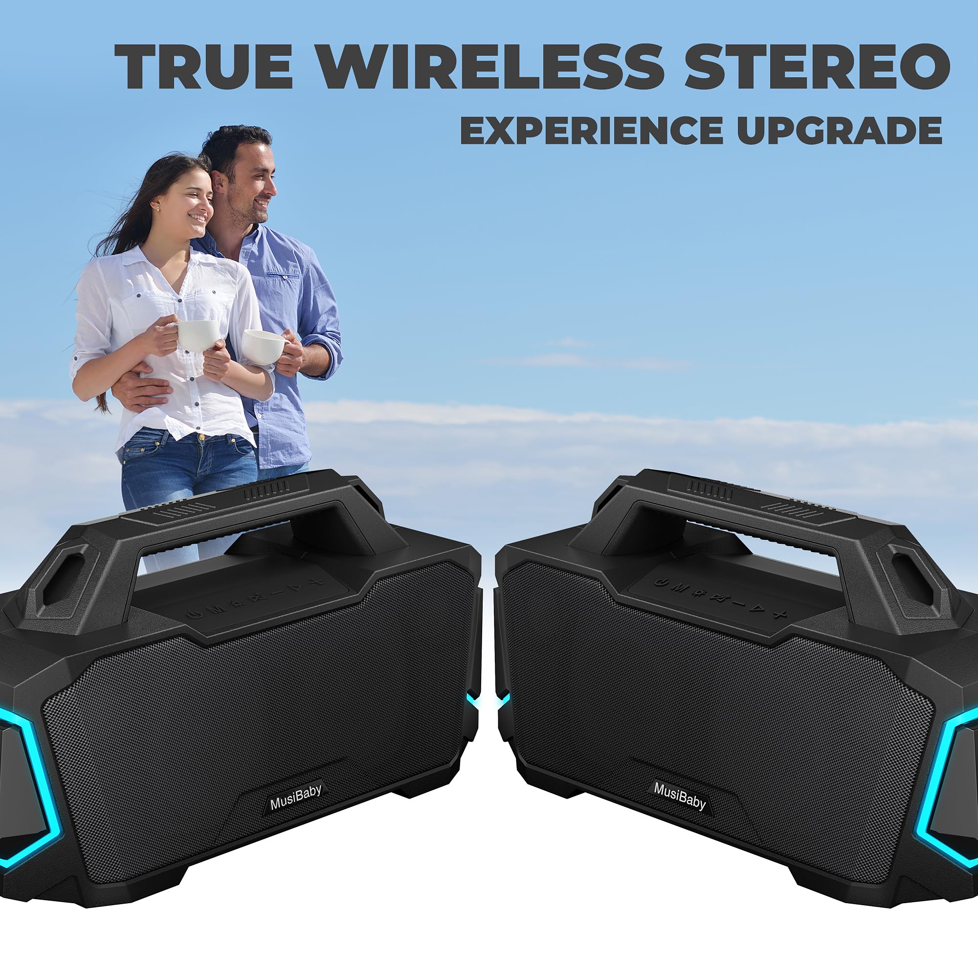 MUSIBABY M1 80W Bluetooth Speaker - IPX6 Waterproof, 20H Playtime, Deep Bass, Wireless Portable Speaker with Dual Pairing & AUX Input - Compatible with iPhone/Android (Black) - Perfect for Outdoor, Party, Camping, Beach & Travel Use