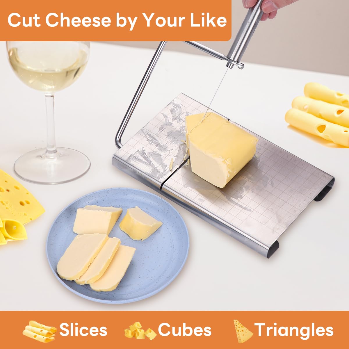 Premium Stainless Steel Cheese Slicer with Wire Cutter - Heavy Duty Cheese Board for Block Cheese, Includes 3 Extra Replacement Wires - Perfect for Kitchen, Party Platters & Charcuterie Boards