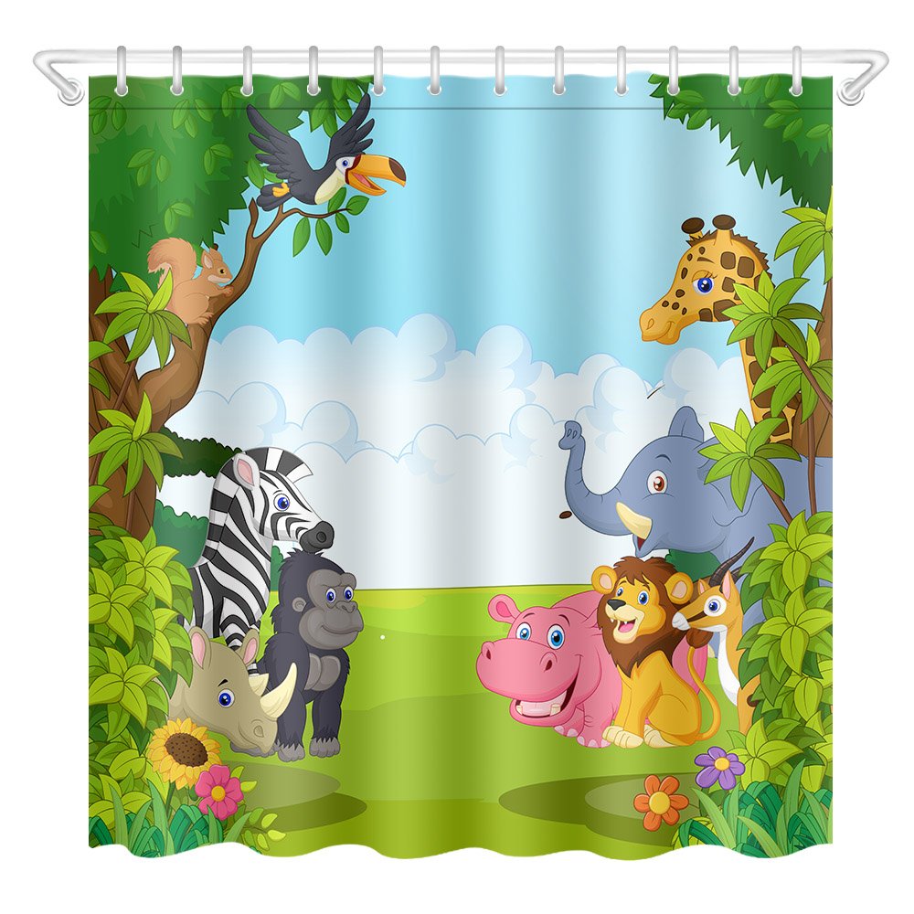 LB Wildlife Safari Shower Curtain - 72x78 Inch Extra Long Waterproof Polyester Bathroom Curtain with Hooks, Jungle Forest Cartoon Animals Design for Kids & Nursery Decor | Perfect for Bathroom, Kids Room, and Safari-Themed Home Decor