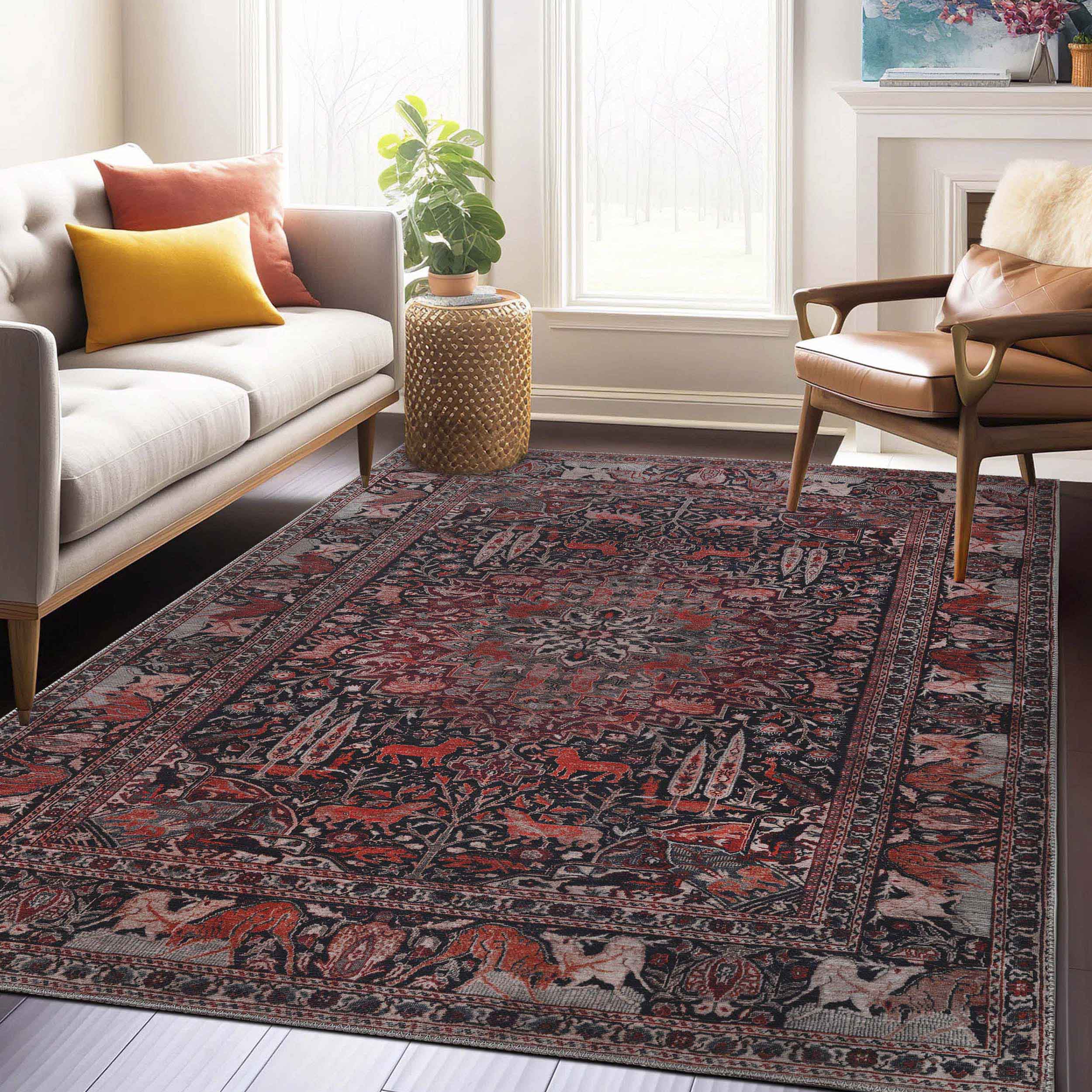 Bohemian Oriental Medallion Wildlife Indoor Area Rug or Runner - Non-Slip, Soft & Durable - Perfect for Living Room, Bedroom, or Hallway Decor