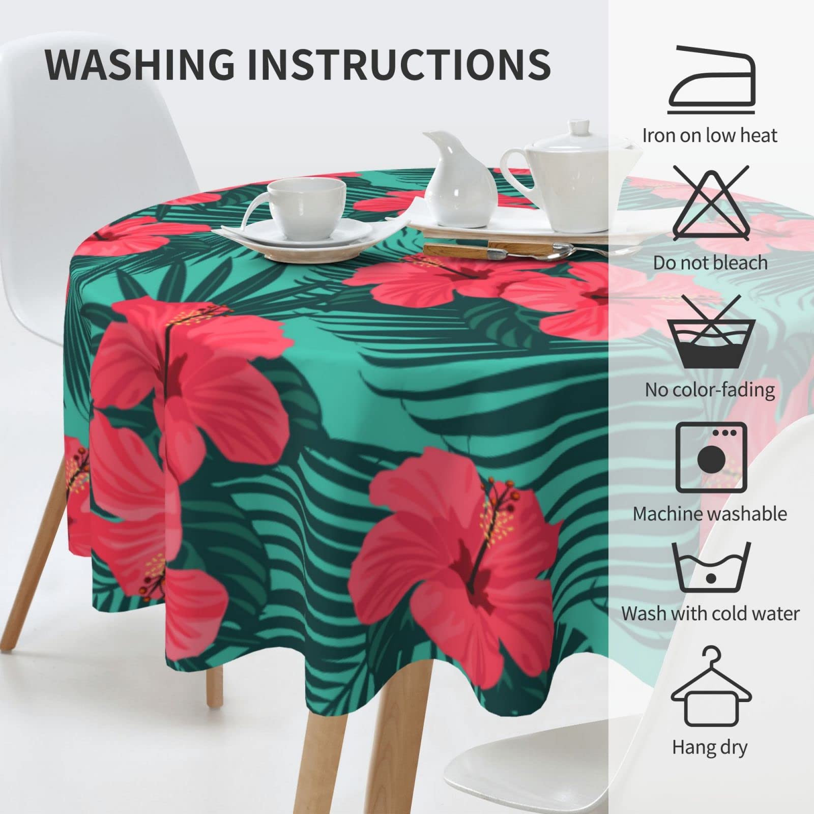 60 Inch Green Tropical Palm Floral Round Tablecloth - Waterproof Spill Proof Hawaiian Party Decor for Dinner, Picnic, Camping & Outdoor Events