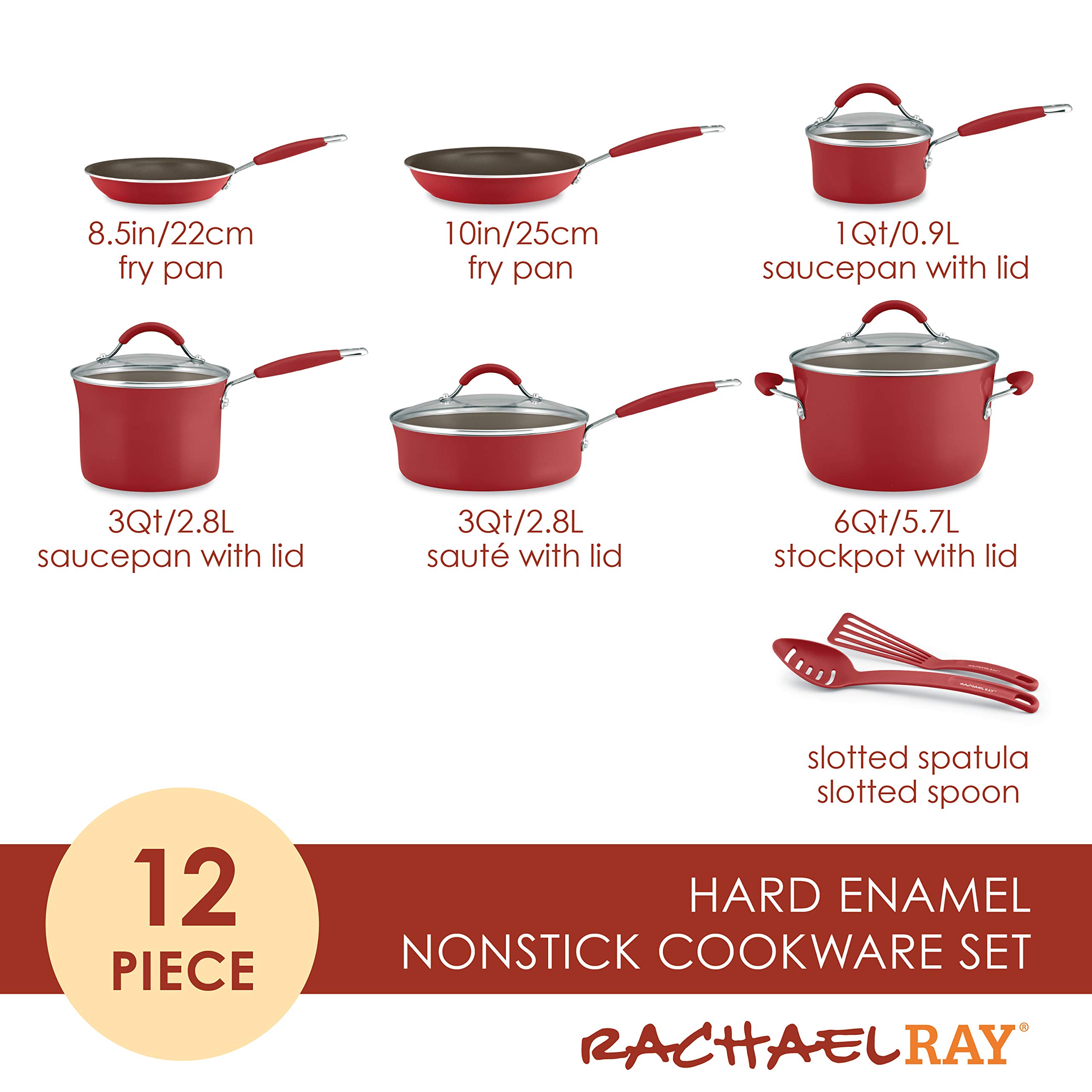 Rachael Ray Cucina 12-Piece Nonstick Cookware Set & 3-Piece Nonstick Bakeware Set with Grips - Cranberry Red Pots and Pans, Gray Baking Sheets with Orange Handles for Home Cooking, Baking Cookies, and Everyday Kitchen Use