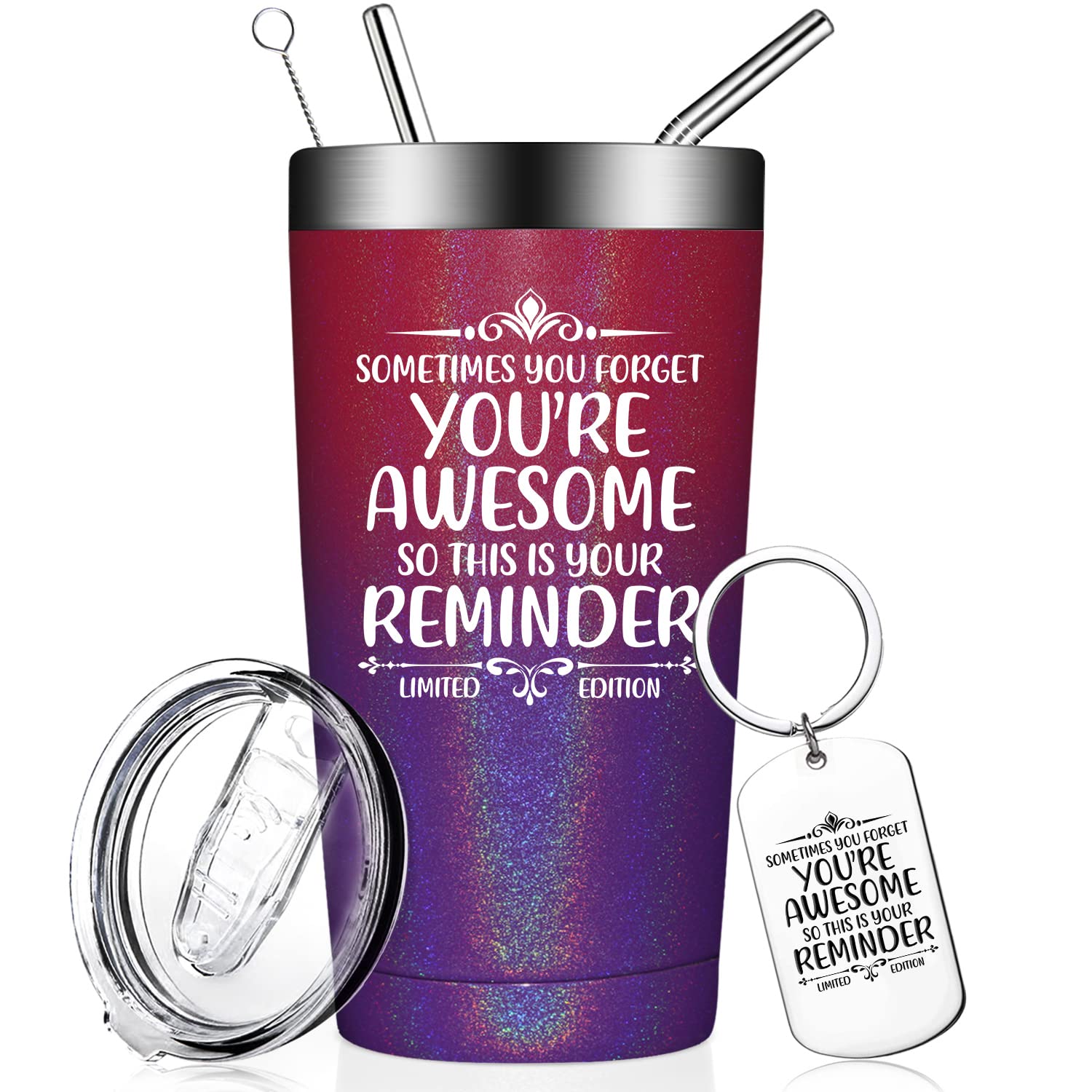Inspirational Gifts for Women - Funny Birthday, Thank You Gifts for Best Friend, Daughter, Mom, Coworker - Vacuum Insulated Tumbler Cup with Keychain (20oz, Glitter Dark Rainbow) - Perfect for Office, Home, Travel & Outdoor Adventures