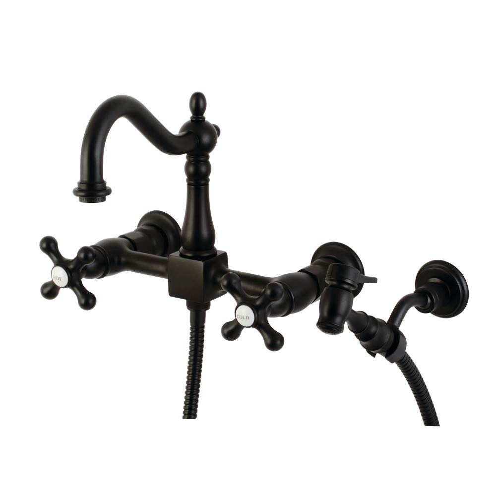 Kingston Brass KS1260AXBS Heritage Bridge Kitchen Faucet in Matte Black - High Arc Pull-Down Sprayer for Modern Farmhouse & Vintage Style Kitchens