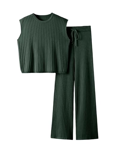 Faleave Women's 2 Piece Knit Sweater Set - Sleeveless Pullover Top & Wide Leg Lounge Pants - Soft Comfort Outfit for Home, Travel & Casual Wear