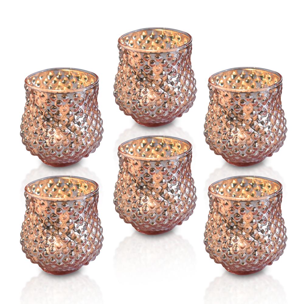 Vintage Mercury Glass Vase and Candle Holders Set of 6 (3 Inch, Small Ruby & Rose Gold) - Perfect for Tea Lights - Elegant Home Decor, Party Centerpieces & Wedding Table Decorations