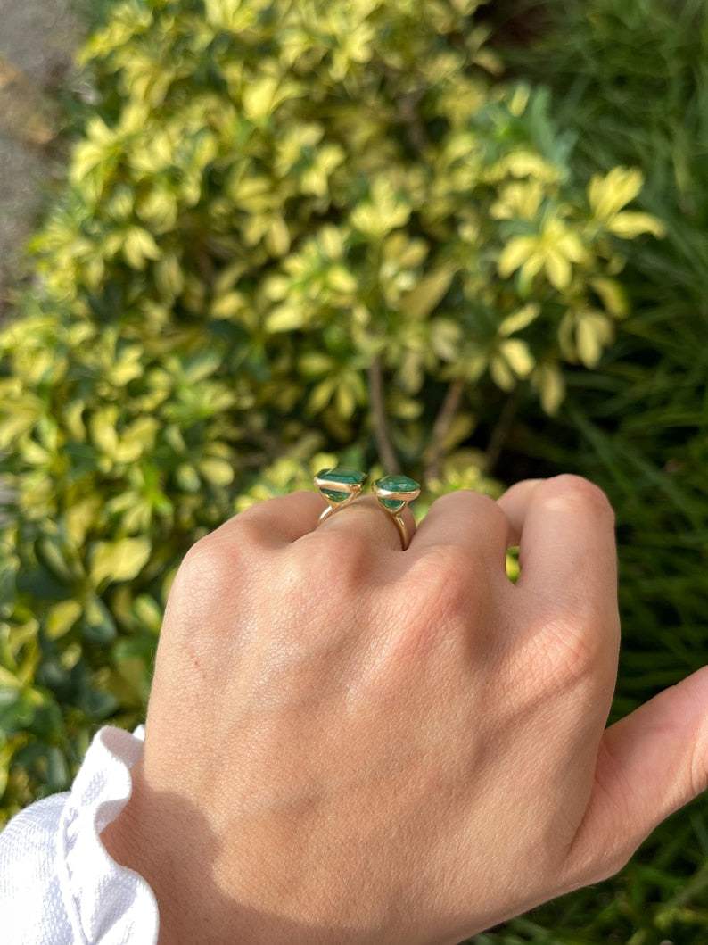 8.80tcw 18K Gold Toi Et Moi Ring with Emerald & Oval Cut Deep Green Gemstones | Vintage Inspired Engagement Ring, Wedding Band, Anniversary Gift for Her