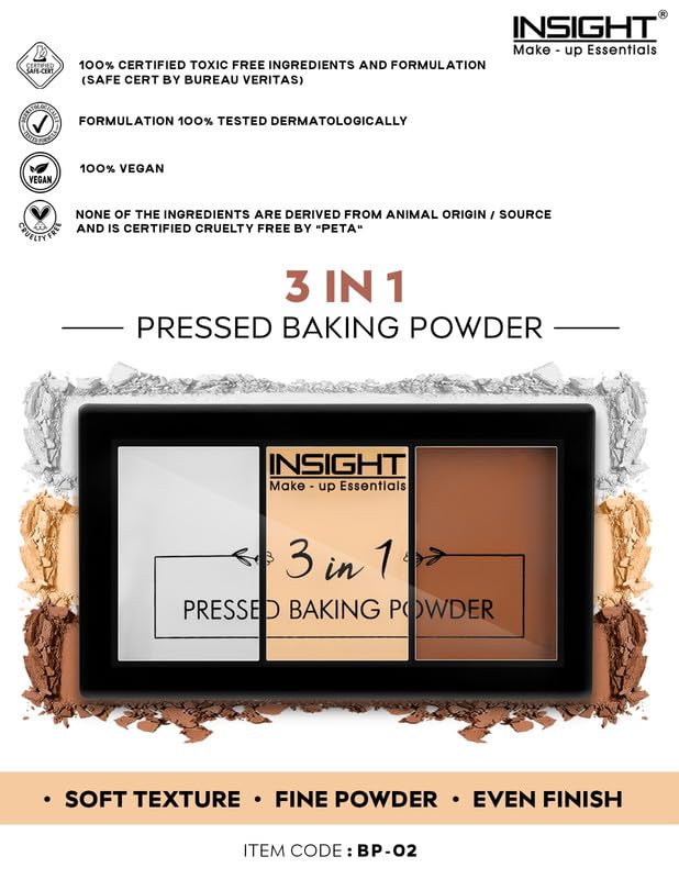 Insight Cosmetics 3-in-1 Pressed Baking Powder - Lightweight, Long-Lasting Luminous Glow for Flawless Shimmer Finish | Silky Smooth & Easy to Blend | Perfect for Contouring, Highlighting & Setting Makeup | Shade BP02