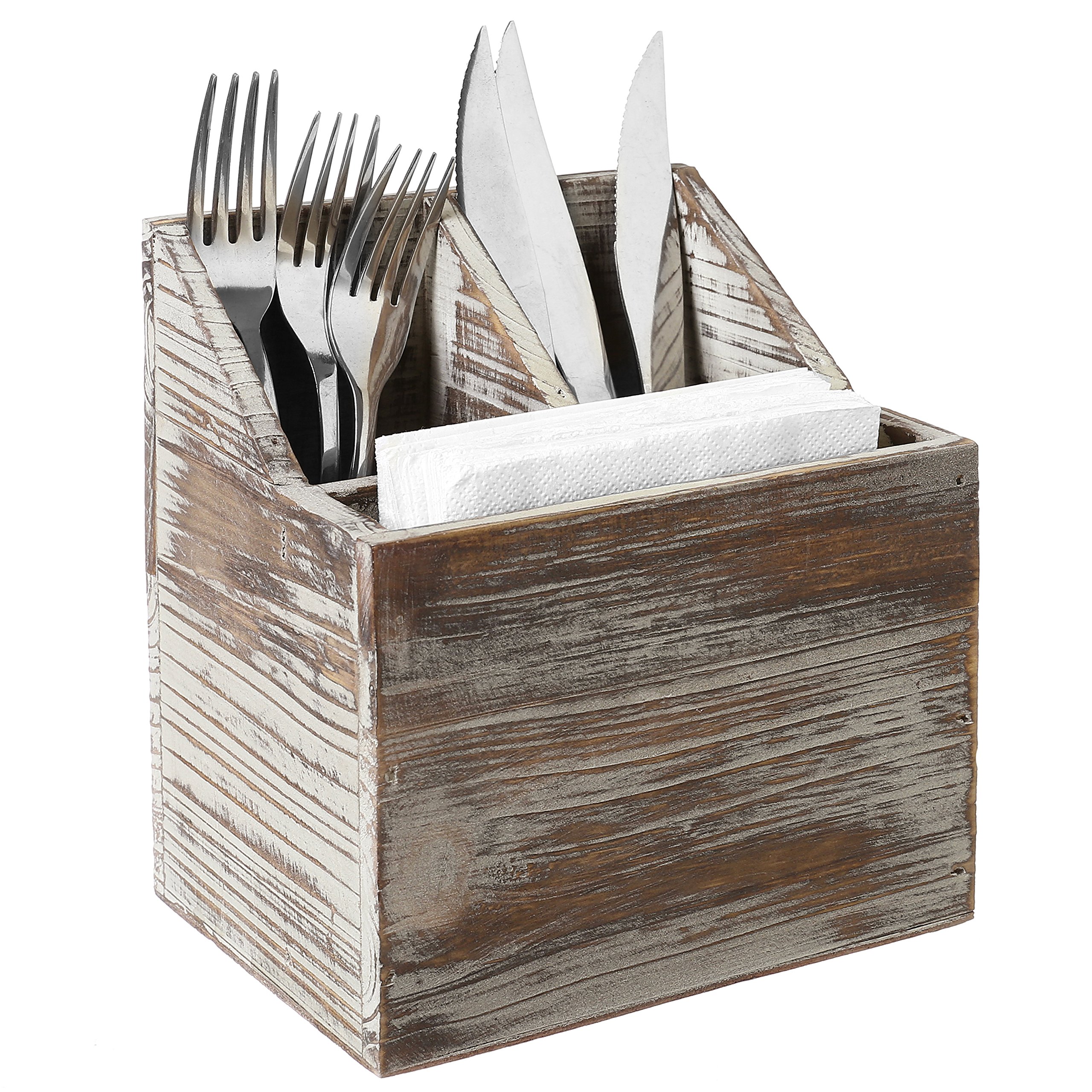MyGift 3-Compartment Rustic Torched Wood 2-in-1 Flatware and Napkin Holder - Wooden Kitchen Utensil Caddy for Silverware, Cutlery & Paper Napkins - Perfect for Dining Table, Kitchen Countertop & Buffet Organization