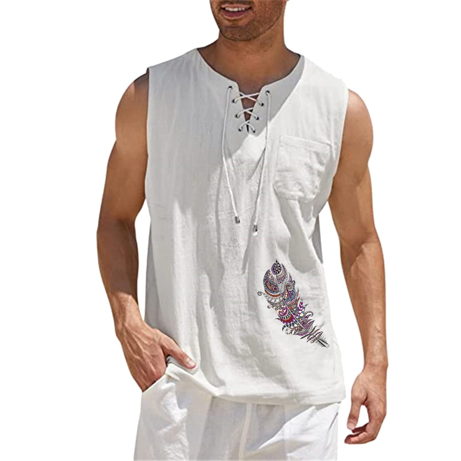 Men's Linen Cotton Sleeveless V-Neck Tank Top - Breathable Summer Casual Tee with Pockets for Beach, Gym & Outdoor Activities | Hippie Style Lace-Up Muscle Shirt