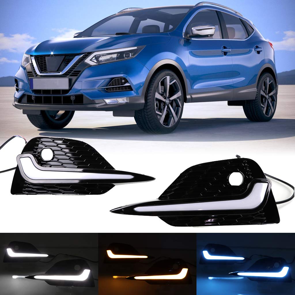 3 Color LED DRL Daytime Running Lights with Dynamic Sequential Turn Signal for Nissan Rogue Sport 2020-2022 & Qashqai 2017-2022 - Front Fog Lamp Bezel Replacement - Perfect for Night Driving and Enhanced Visibility