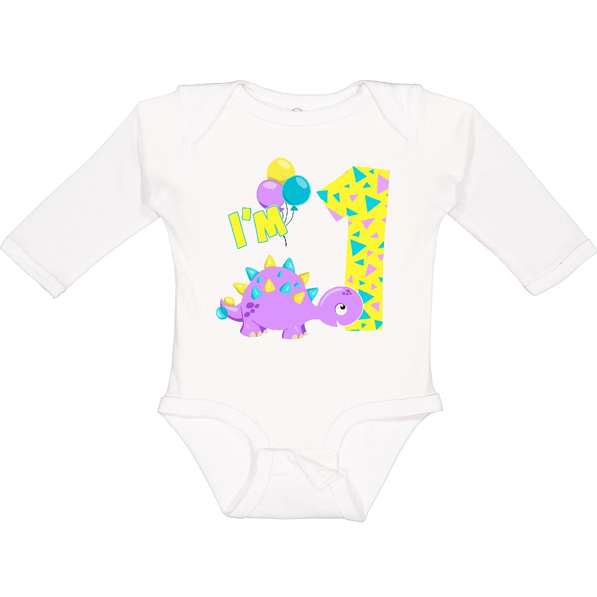 Inktastic Happy Dinosaur First Birthday Outfit - Purple Long Sleeve Baby Bodysuit for Boys & Girls | Dinosaur-Themed 1st Birthday Party, Photo Shoot, Special Occasion Wear