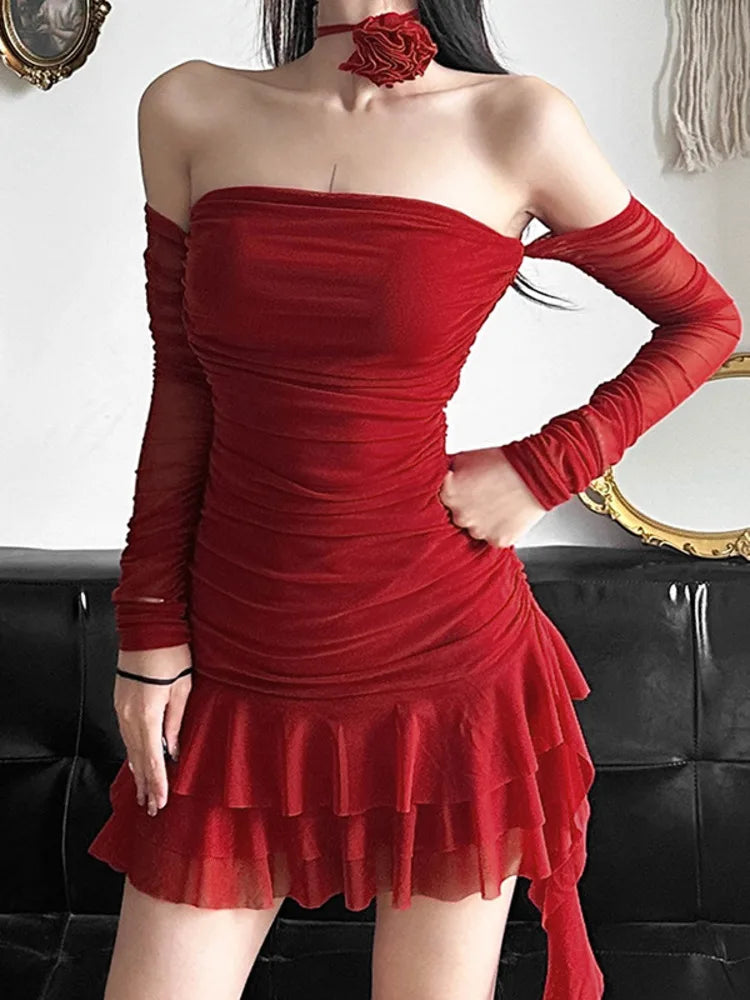 Sexy Lace-Up Wrap Hip Women's Dress with Ruffle Edge - Tight Party Evening Gown for Autumn/Winter | Perfect for Night Out, Date Night & Special Occasions
