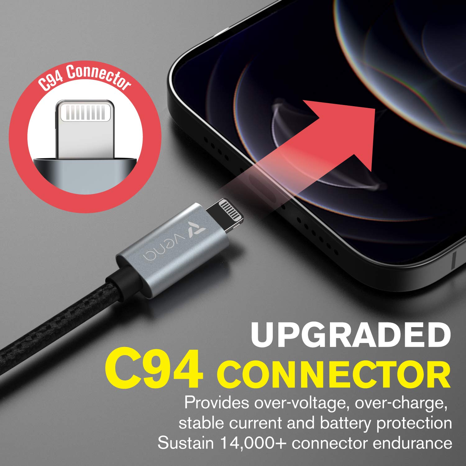 FosPower Vena 10FT USB C to Lightning Cable - Apple MFI Certified 18W Fast Charging Nylon Braided Cord for iPhone 14/13/12/11/X/SE & iPad Pro/Air | Durable Charger for Home, Office, Car & Travel Use