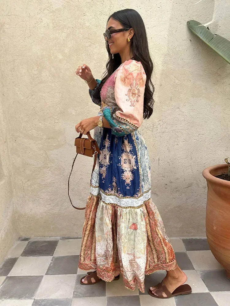 Women's Fashion Puff Sleeve Patchwork Print Midi Dress - Sexy V-Neck High Waist Long Dress for Vacation & Streetwear | Summer Beach Outfit, Date Night Dress, Party Wear