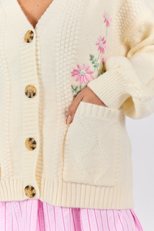 Up To Fate Cream and Pink Multi Floral Embroidered Cardigan for Women | Boho Chic Lace Knit Sweater | Perfect for Spring Outfits & Date Nights