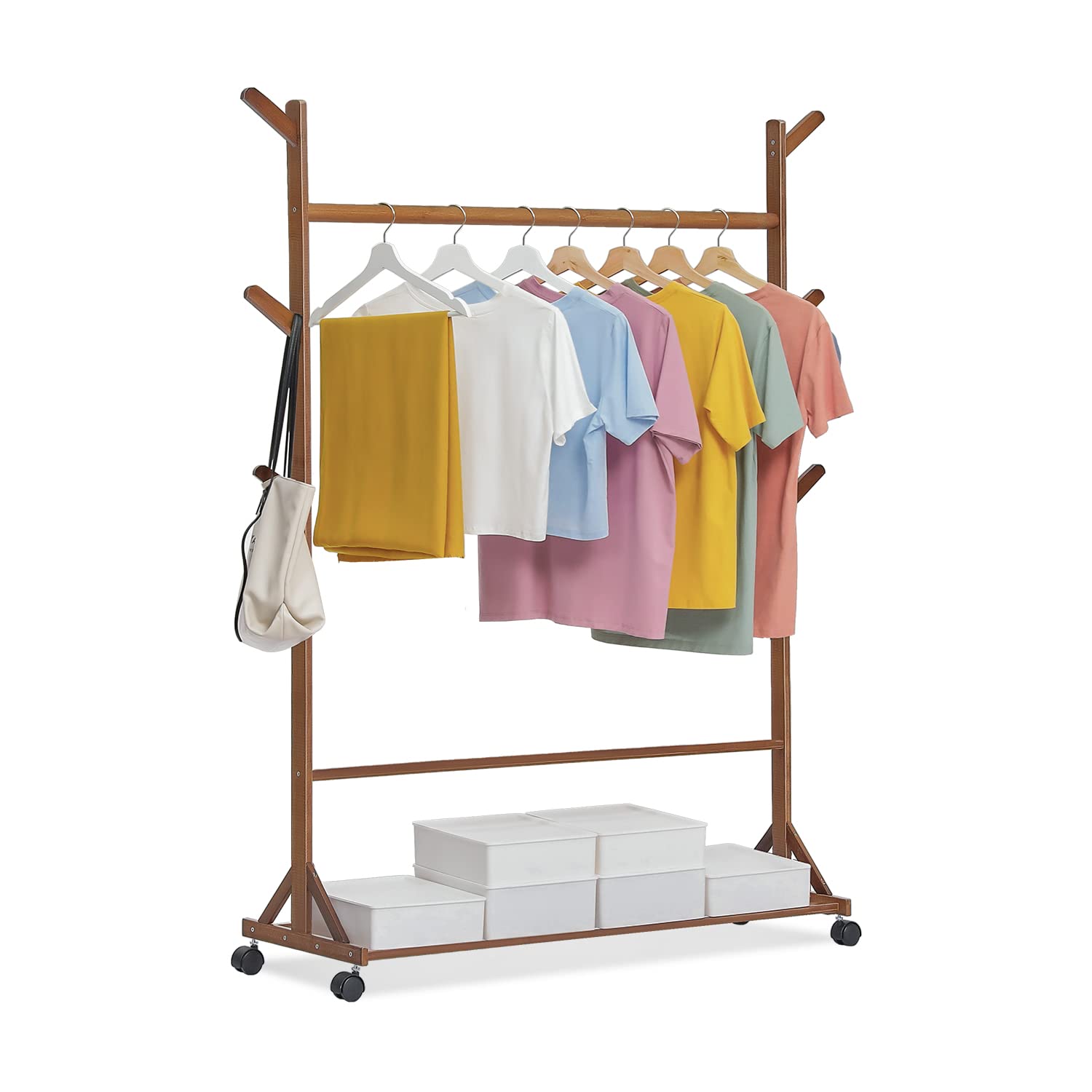 MoNiBloom 2-in-1 Rolling Garment Rack with Wheels & Storage Shelf - Bamboo Free-Standing Closet Organizer with 6 Hooks for Bedroom, Entryway, Office (Brown) | Perfect for Closet Organization, Clothes Display & Small Space Storage