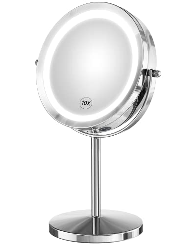 10x Magnifying LED Makeup Mirror with Dimmable Lights - 7 Inch Double Sided Swivel Vanity Mirror (1X/10X Magnification) - Battery Operated Cordless Mirror for Bathroom, Bedroom & Travel - Perfect for Makeup Application, Skincare Routine and Eyebrow Grooming