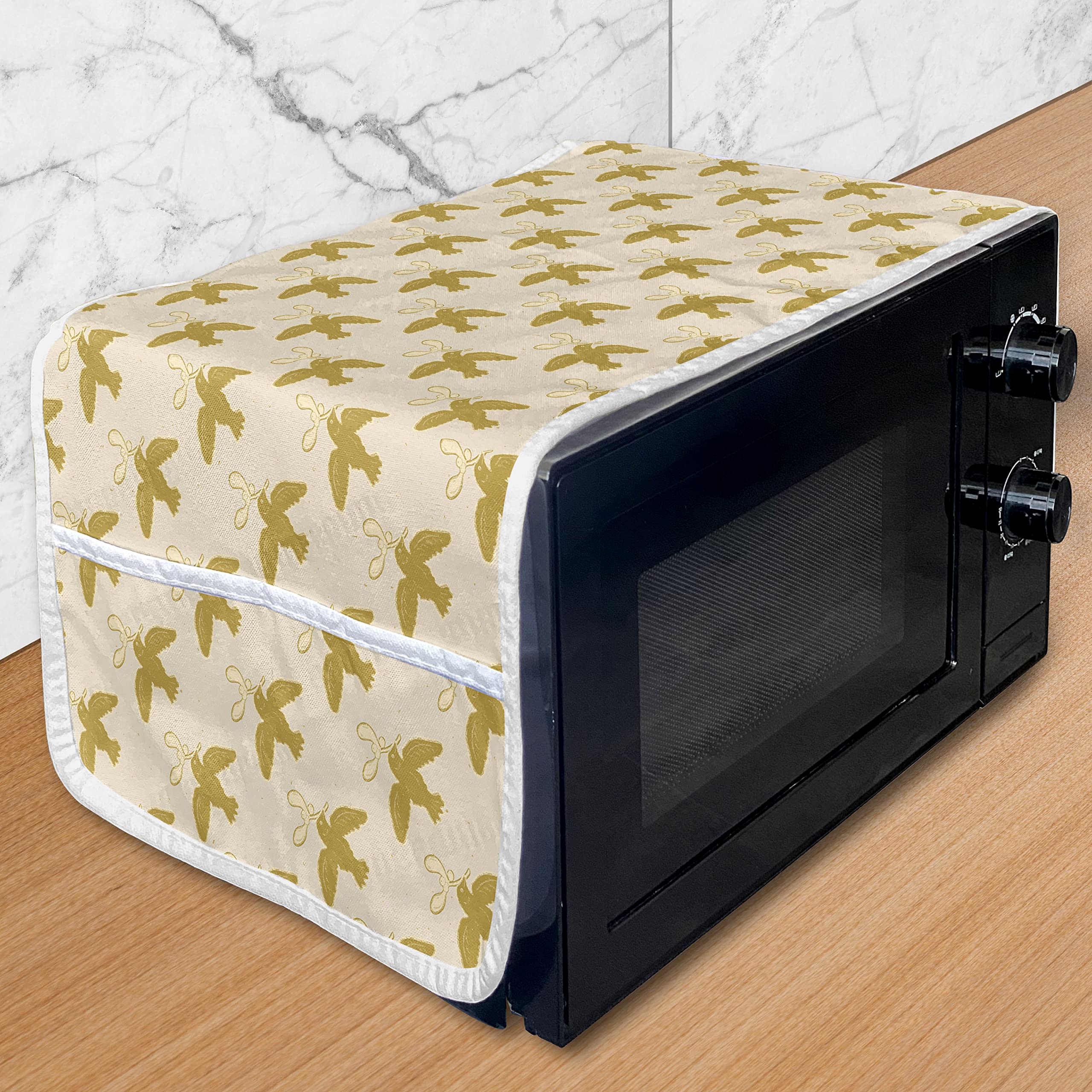 Ambesonne Microwave Oven Cover - Grunge Style Flying Bird & Mistletoe Nature Design, Waterproof Kitchen Organizer with Pockets, 36x12 Inches, Pale Coffee Champagne - Perfect for Protecting Appliances & Organizing Kitchen Essentials