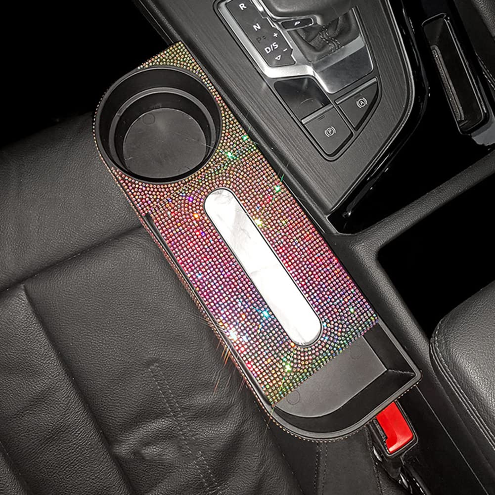 3-in-1 Multifunctional Car Seat Gap Organizer with Rhinestone Decor & Cup Holder - Black Car Storage Accessory for Tissues, Phones & Small Items | Perfect for Sedans, SUVs & Road Trips