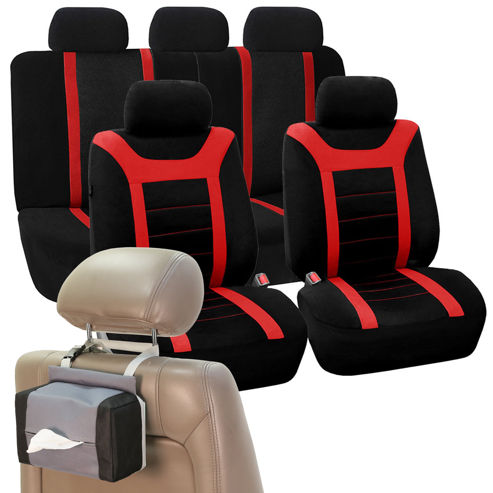 FH Group Universal Fit Car Seat Covers Full Set - Sports Style Red Automotive Seat Protectors | Airbag Compatible & Split Rear Design | Interior Accessories for Cars, Trucks, SUVs | Perfect for Daily Commute, Road Trips & Family Protection