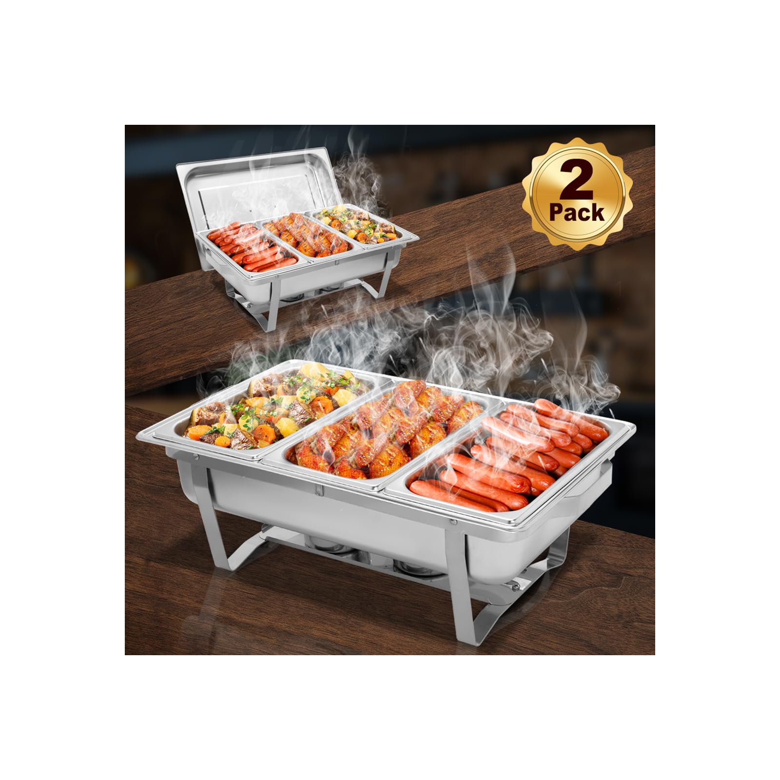 ROVSUN 8 Quart 2 Pack Stainless Steel Chafing Dish Buffet Set - NSF Certified Catering Chafer with 3 Half Size Food Pans & Foldable Frame - Perfect for Restaurants, Parties, Weddings & Buffet Serving