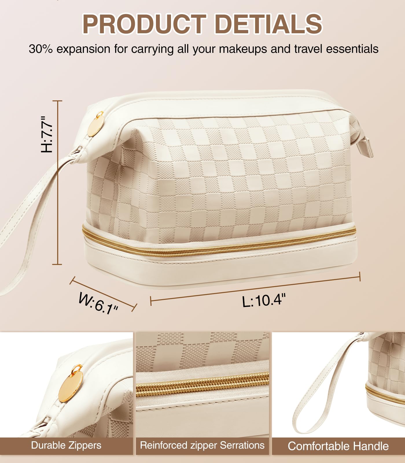 Large Double Layer Leather Makeup Bag Organizer - Waterproof Travel Cosmetic & Toiletry Bag for Women & Girls (Beige) - Perfect for Travel, Gym, and Daily Makeup Storage